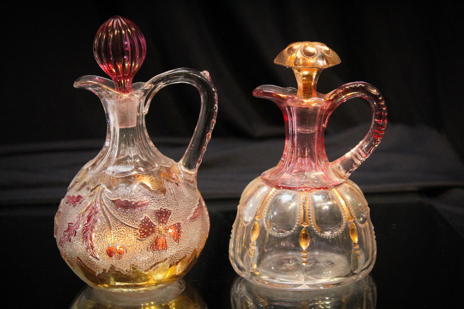2 pc Lot Victorian Delaware & Michigan EAPG Cruets: Super examples of these Victorian pattern glass cruets. Both in rose blush stain. Nice gold as well.