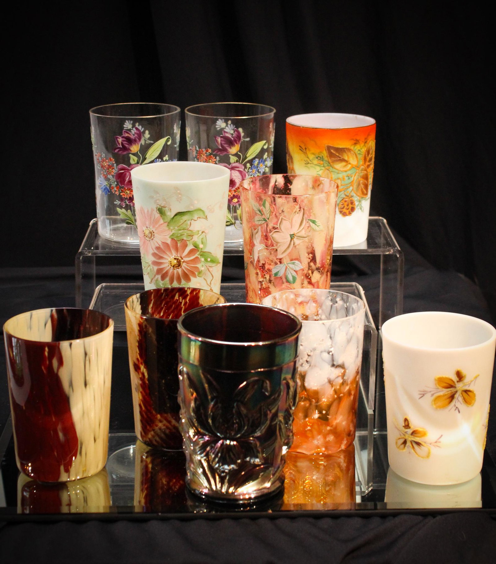 10 pc Lot Victoriana Tumblers: Now folks, look at this fabulous yet underwhelming lot of tumblers. We hope someone out there finds interest. Victoriana tumblers are in demand now and these are some choice examples! Make way for Vic