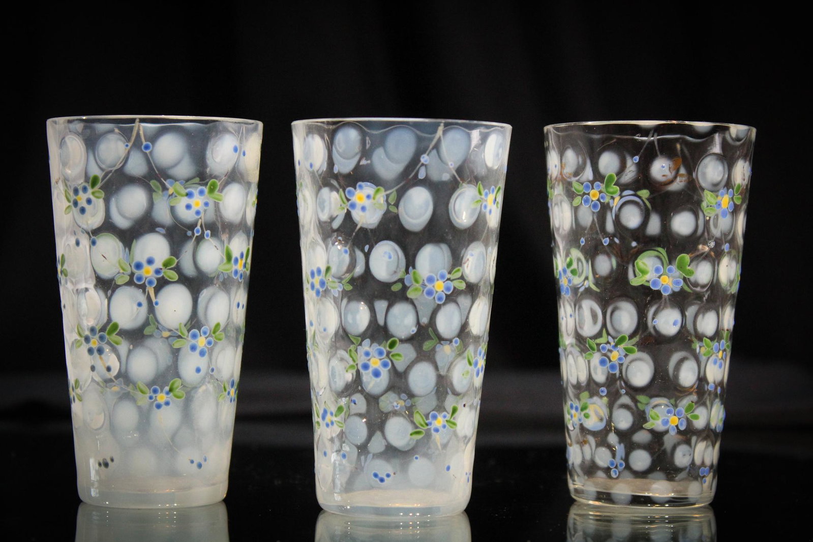3 pc Lot Victorian Enameled Coinspot Juice Tumblers: Set of 3 Victorian opalescent coinspot enamel decorated juice tumblers. Each measures 3 3/4" tall.