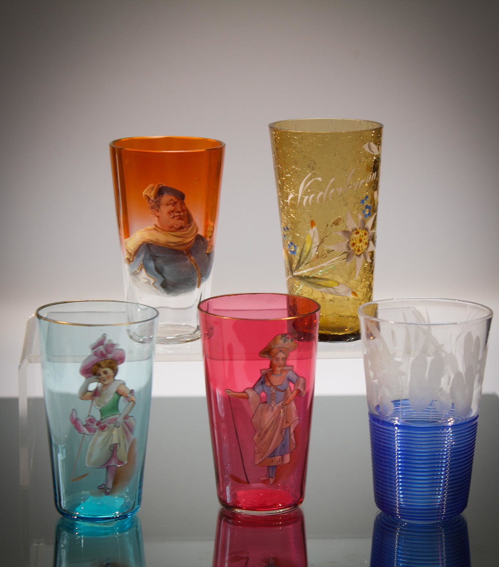 5 pc Lot Victorian Glass Juice Tumblers: Here's your chance to acquire a modest grouping of unique dÃ©cor and type of glass Victorian juice tumblers. Tallest measures 3 3/4" tall.