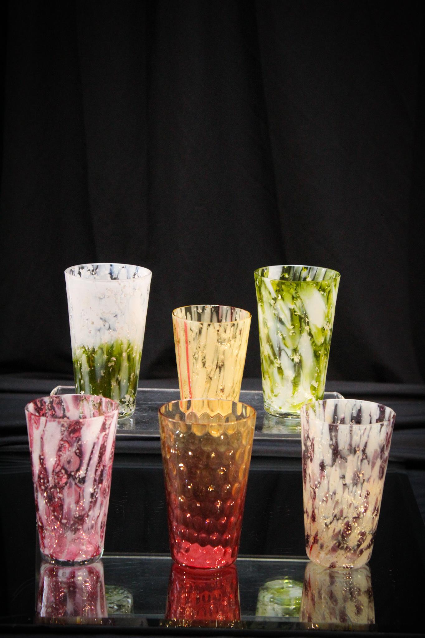 6 pc Lot Phoenix Victorian Spatter Glass Tumblers: Great assorted Lot of 6 Victorian attributed to Phoenix glass juice tumblers. Nice assortment of colors. Tallest measures 3 3/4" tall.