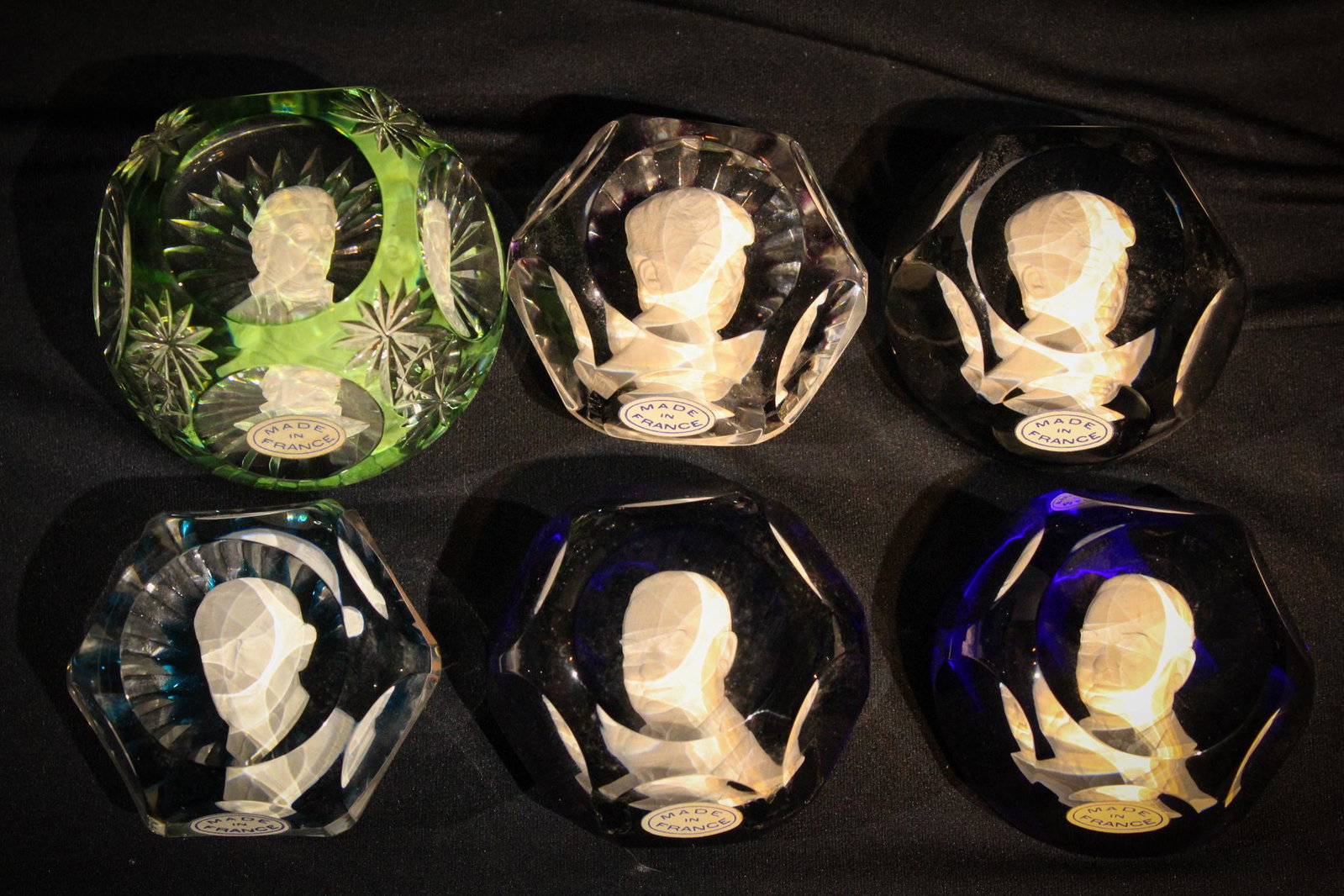 6 pc Lot Baccarat Sulphide Paperweights: Lot fo 6 Baccarat Sulphide Glass Paperweights. Five in original boxes.