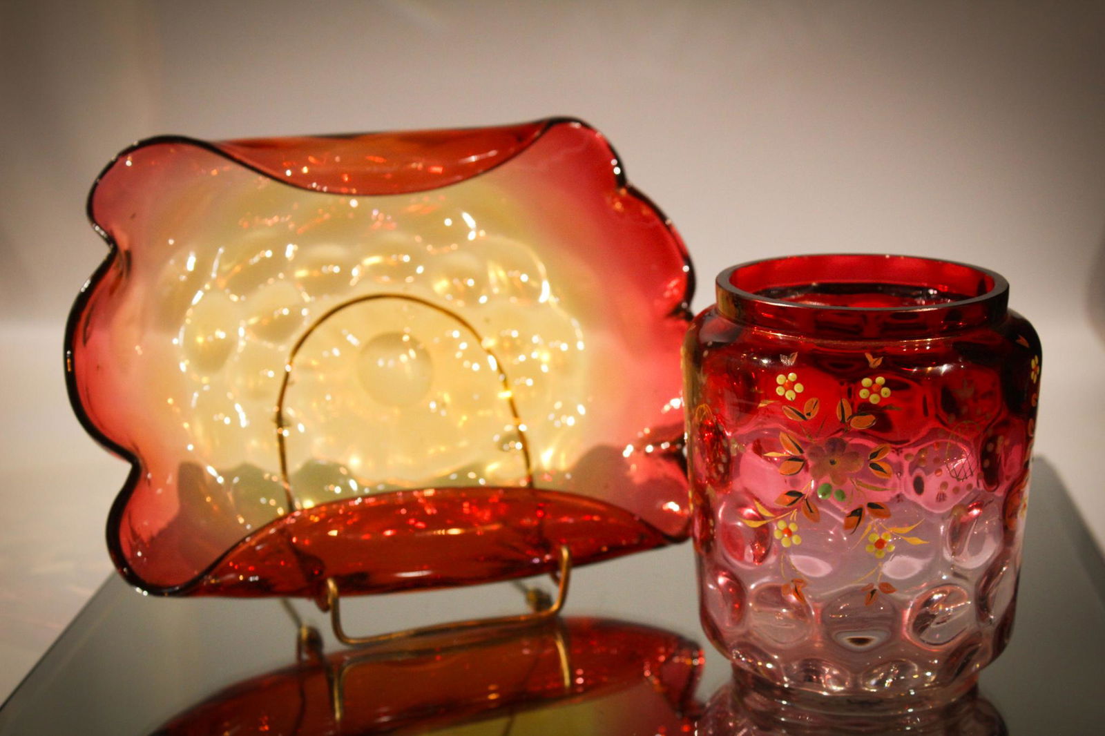 2 pc Lot Victorian Glass Pickle Jar & Card Tray: Offered is a two piece lot of Victoriana glass. A Rubina enameled pickle castor jar and an amberina calling card tray. Tallest measures 4 1/2" tall.