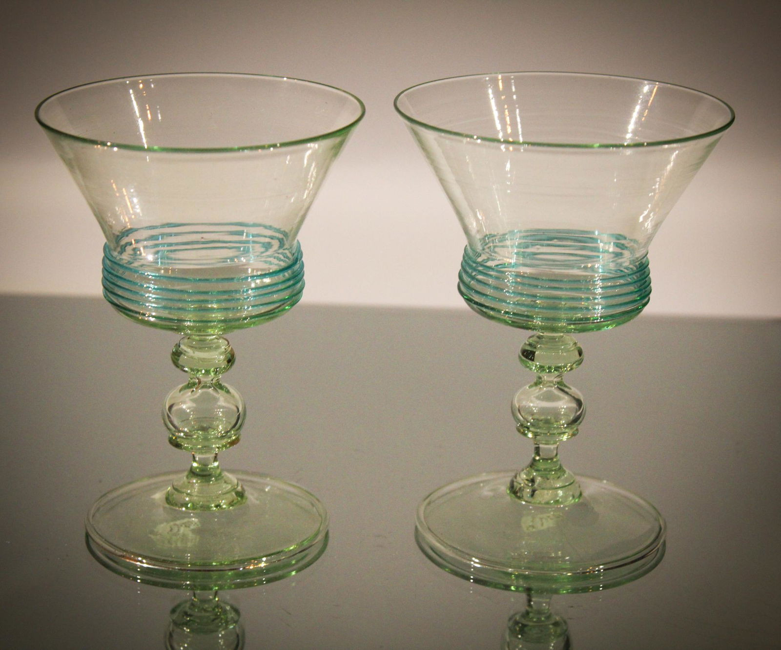 2 pc Lot Steuben Like Threaded stems: Offered is a pair of Steuben like threaded stems. Each measures 4 1/2" tall.