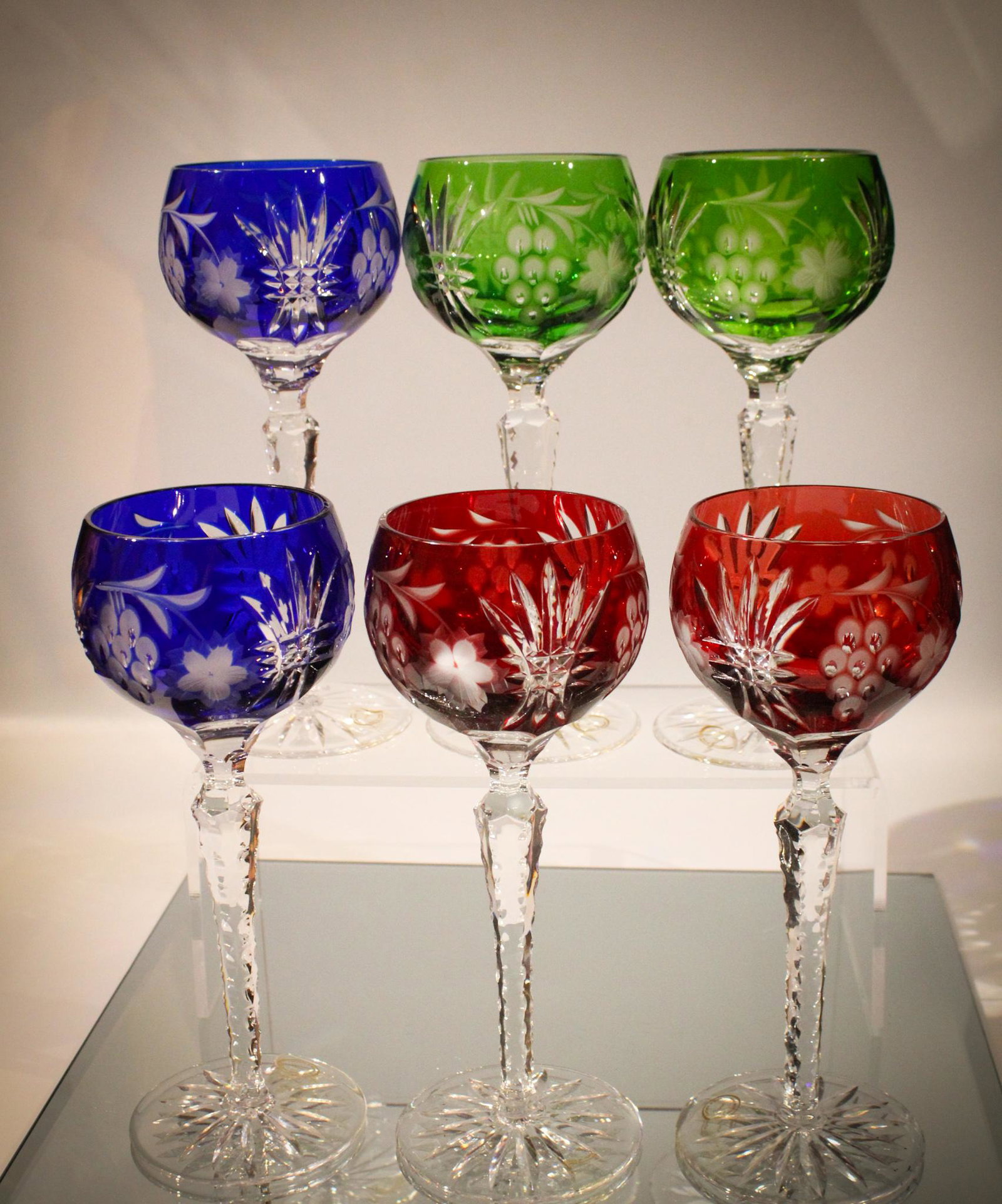 6 Bohemian Color Cut to Clear Glass Goblets: Colorful lot of Bohemian colored cut to clear goblets. Each measures 8 1/2" tall.