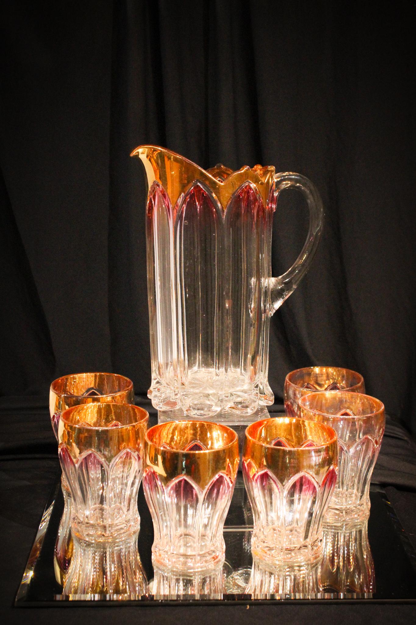 Victorian Maidens Blush Church Window 7pc Water Set: Nice Victorian Church Window pattern glass water set in Maiden's Blush with heavy gold dÃ©cor. Nice.