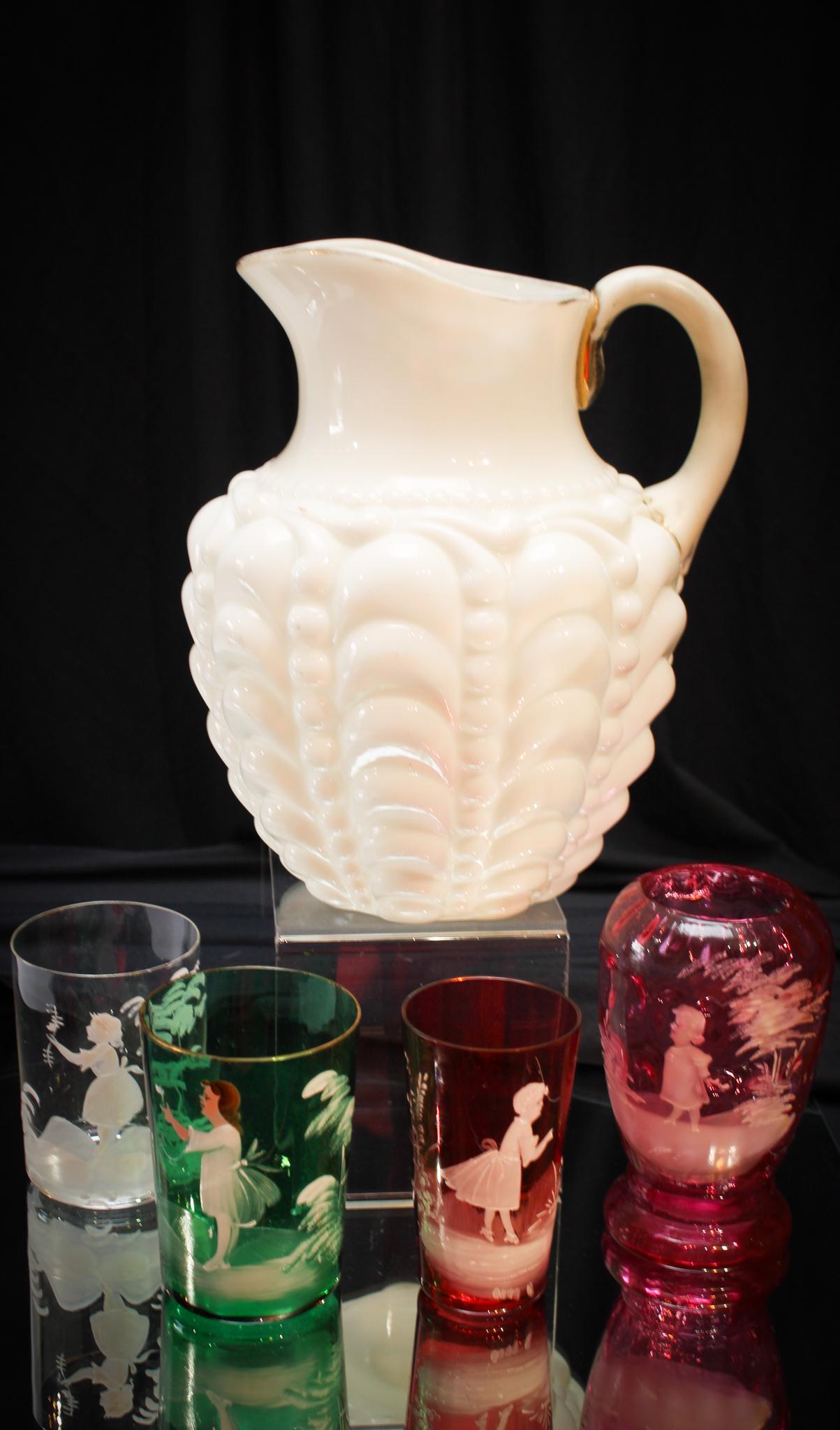 5 pc Magnum Auctions Goody Lot: Nice 5 piece Magnum Auction Goody lot consisting of a milk glass Consolidated guttate pitcher and 4 Mary Gregory tumblers.