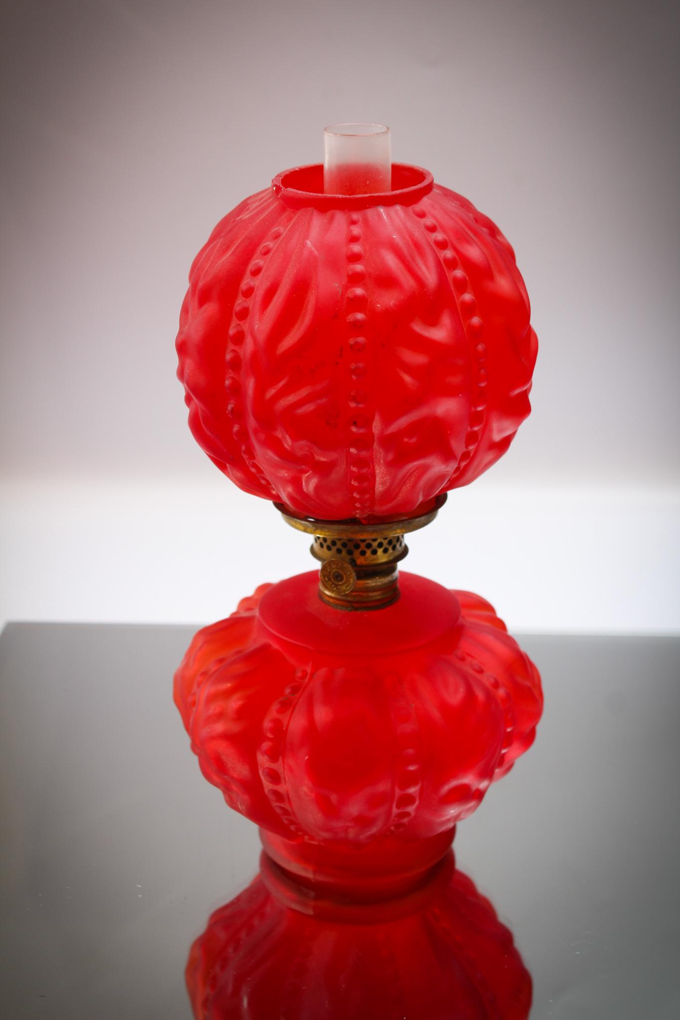 Red Satin Beaded Drape Miniature Oil Lamp: Nice Red Satin Beaded Drape miniature oil lamp.