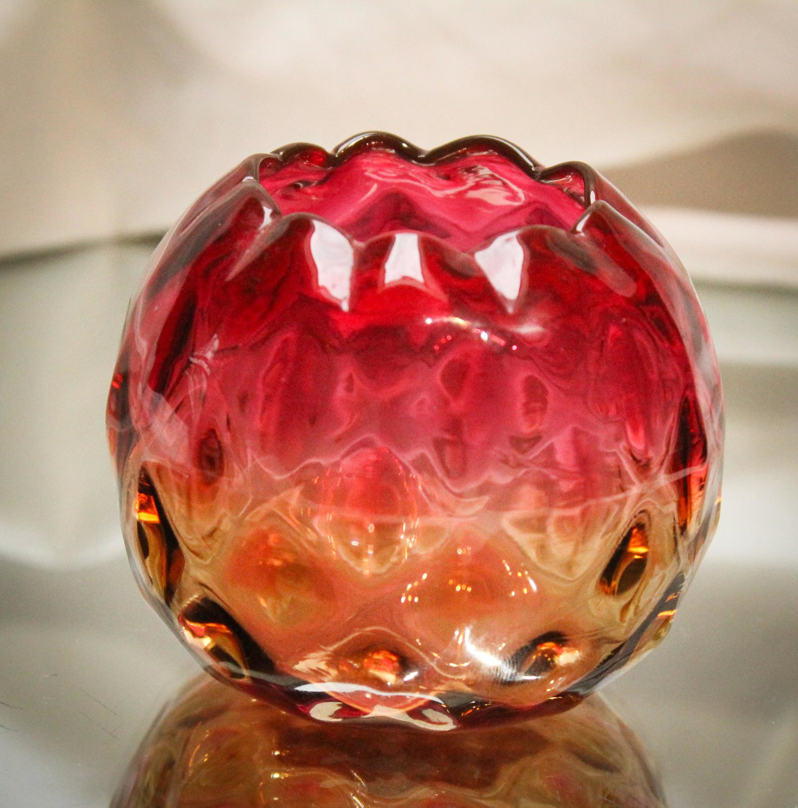 Mt Washington Amberina Mini Rosebowl: The color on this charmer is super. So is the diamond quilted optic pattern. Just a beauty to behold. Measures 2 3/4" tall.