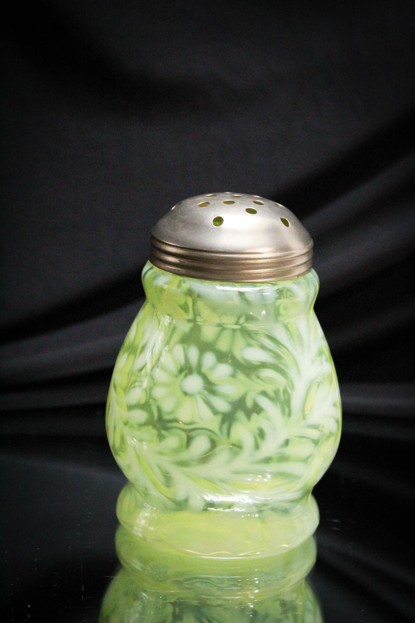 Vaseline Opalescent Victorian Sugar Shaker: What color on this beauty. Vivid canary yellow vaseline glass with crisp white opal pattern of daisy and fern. Oh yes, it glows folks. Nice example. Measures 4 1/2" tall.