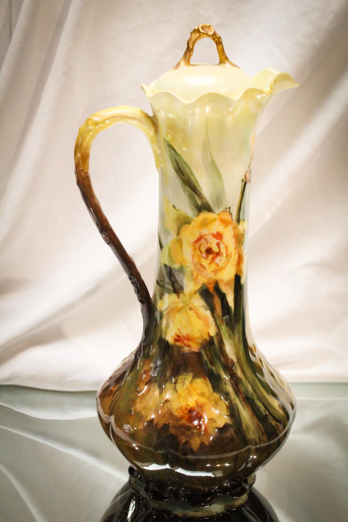 French Porcelain Impressionistic Chocolate Pot: Look at the Daffodils on this charmer. We think they resemble them at least. One could say impressionistic to best describe the dÃ©cor. This chocolate pot is complete with the original lid. Surprisi