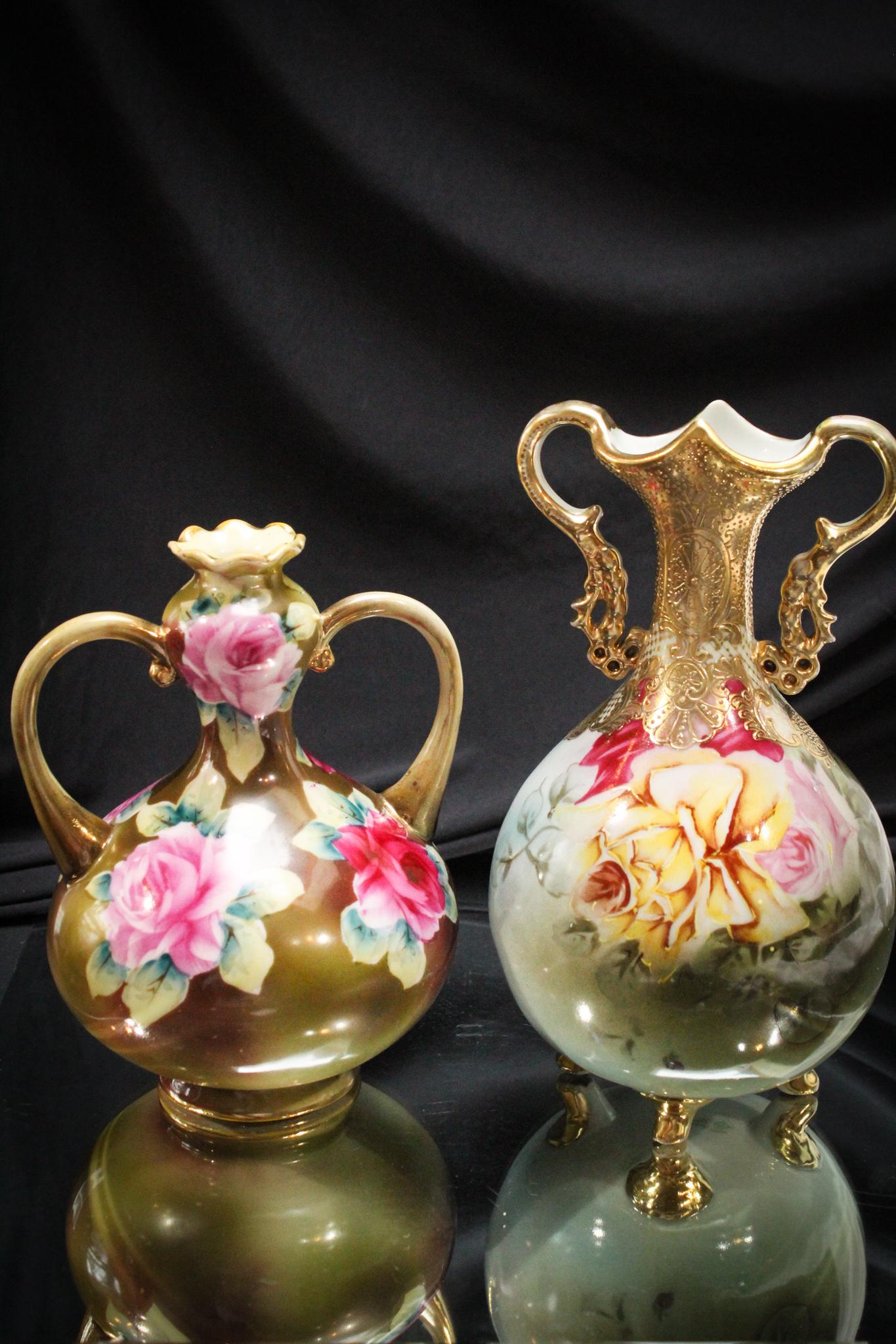 2pc Lot Nippon Roses & Gold vases: Not one, but two vases for the money here folks. Embellished with lots of gold and rose decoration, these are fit for a queen. tallest measures 8 3/4" tall.