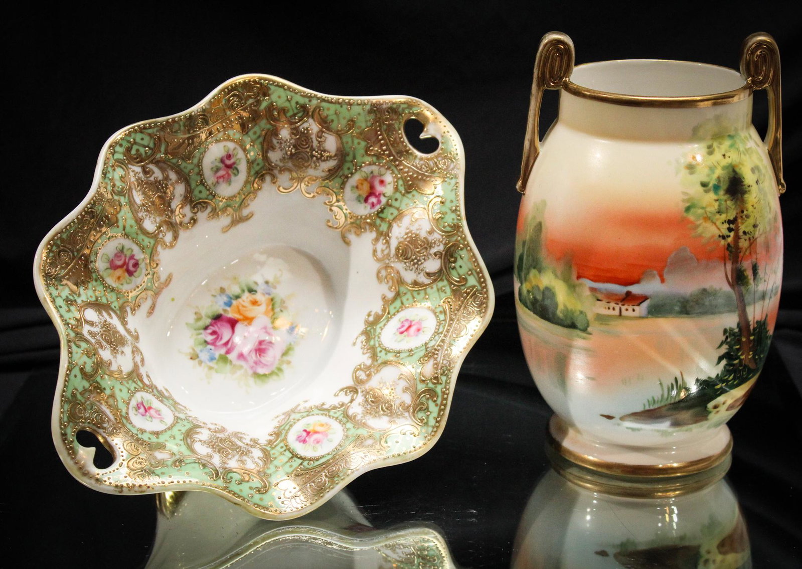 2pc Lot Nippon Bowl & Vase: Another lot of two incredible Nippon pieces. One bowl, one vase. Vase decorated with a pond scene. Fit for a queen. These are stunningly beautiful. Tallest measures 6 1/4" tall.