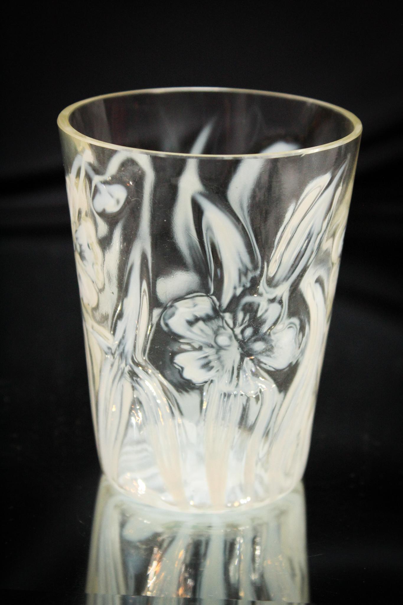 Northwood Opalescent Daffodil Victorian Tumbler: This is one you don't see often folks. A Northwood daffodil pattern in crystal opalescent. Nice strong example here with bright white opal. Measures 3 7/8" tall.