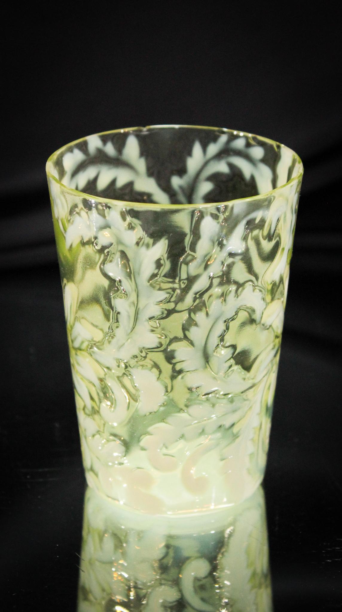 Rare Northwood Vaseline Opalescent Victorian Tumbler: This is a highly sought after tumbler and seldom become available if you need one. This glows brightly under black light. Strong opalescence in this honey. Measures 4" tall.
