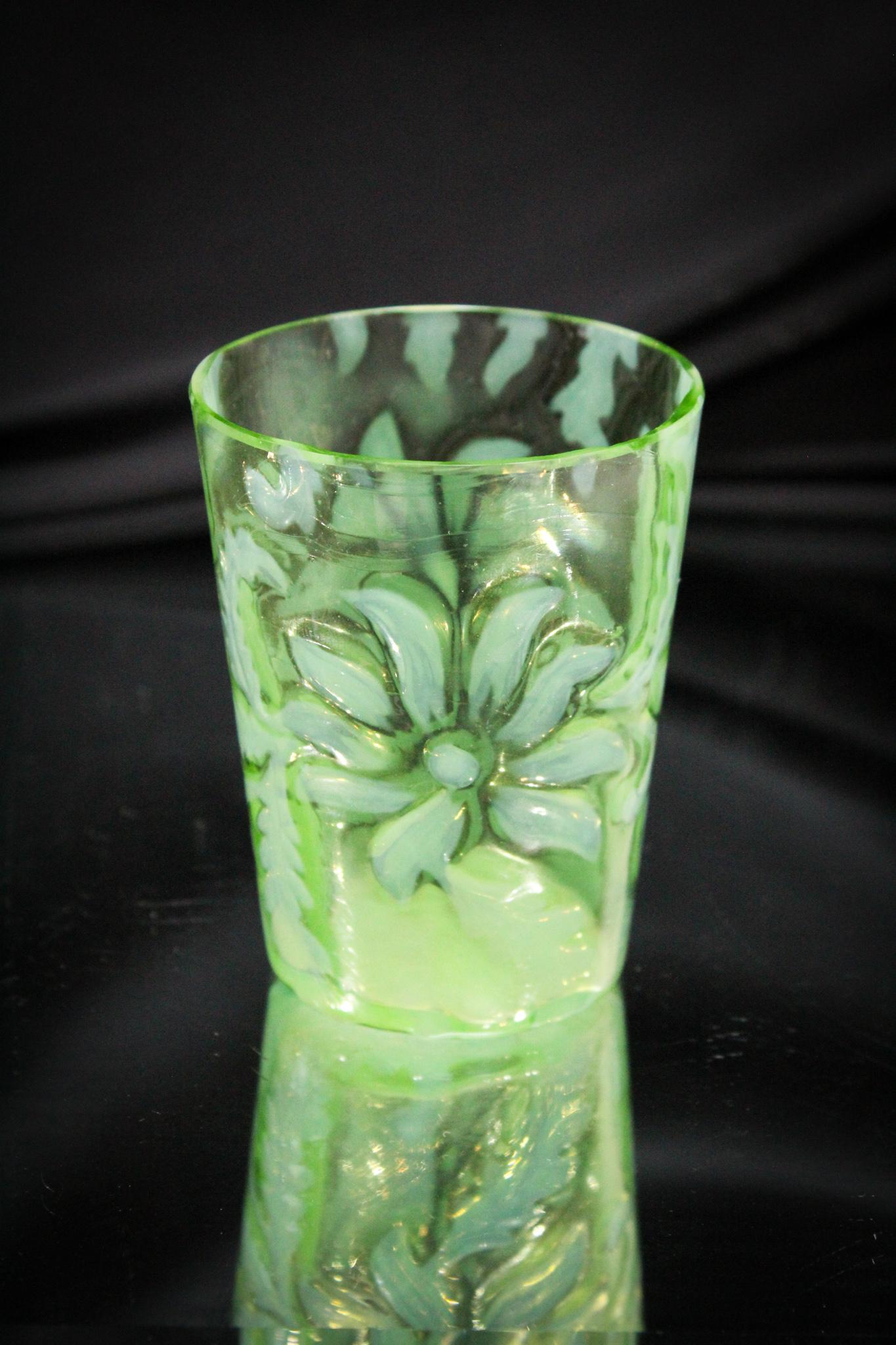 Green Opalescent Northwood Poinsettia Tumbler: Green in Victorian opalescent glass doesn't show up often. Not sure why. It is always beautiful. This tumbler is in the ever popular Northwood's Poinsettia pattern. Measures 4" tall.