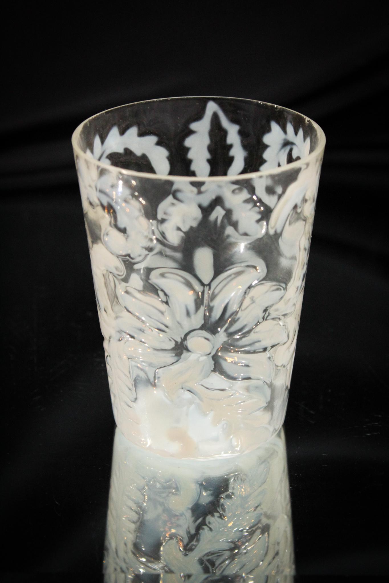 Opalescent Northwood Victorian Tumbler: We are offering an array of colors of Poinsettia tumblers in this sale aren't we? A nice example, crystal opalescent in this pattern is another seldom found coloration. Or should we say lack of? Pick 