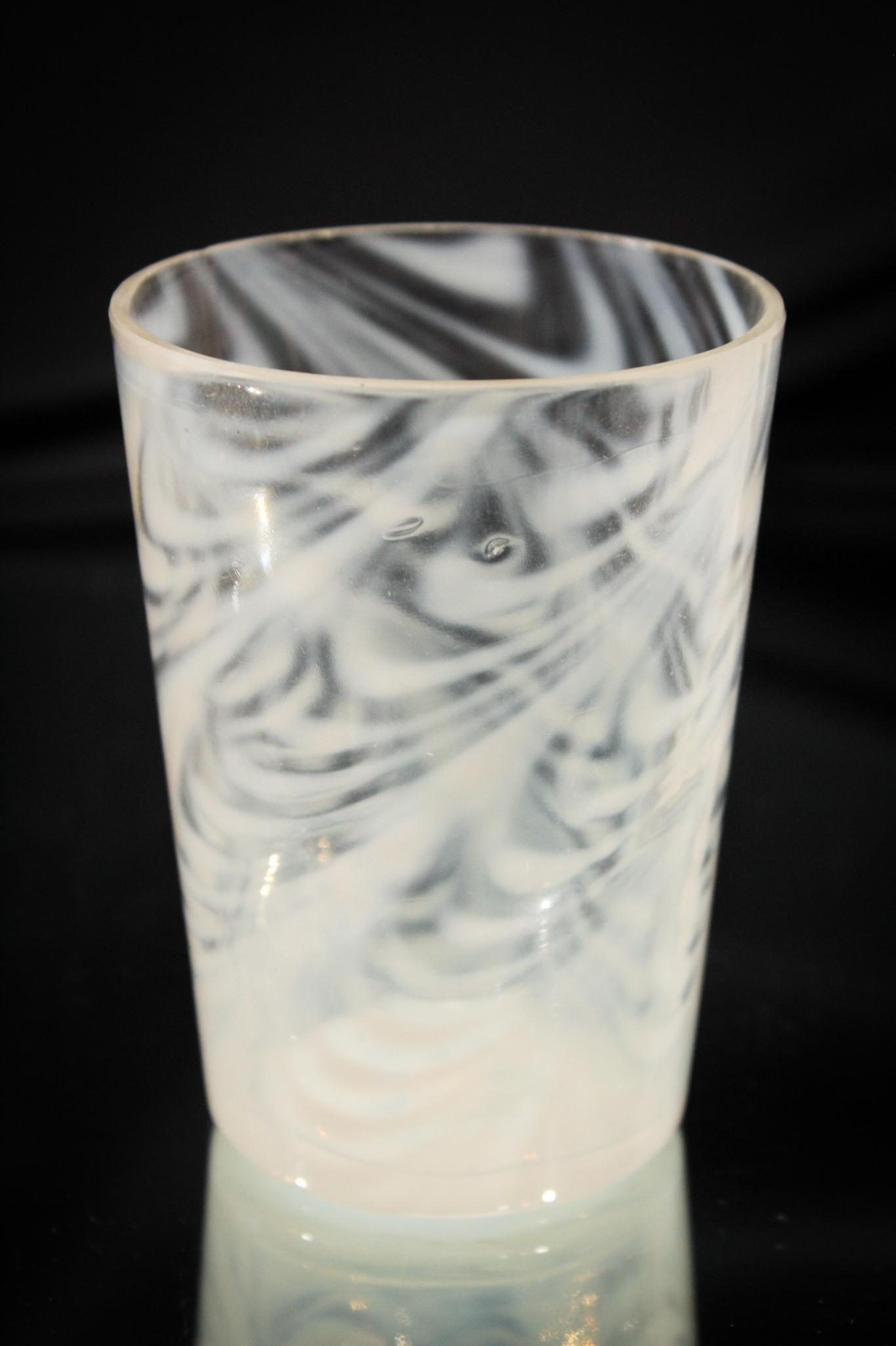 Opalescent Victorian Blown Twist Tumbler: Toughie here folks! A crystal opalescent Victorian tumbler in the scarce Blown Twist pattern. Nice, nice example. Measures 4" tall.