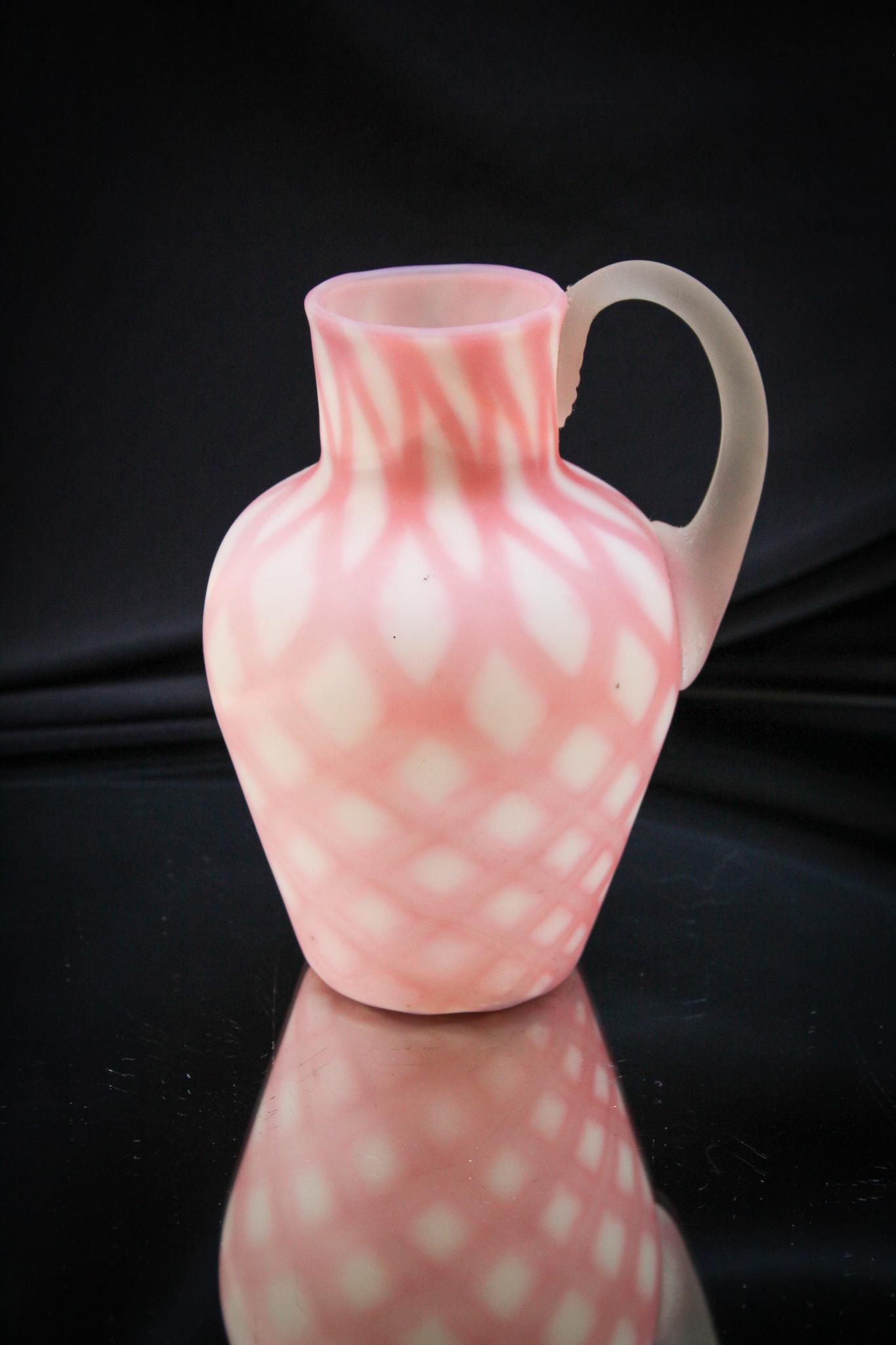 Phoenix Burmese Rose Quilt Victorian Jug: Phoenix rose quilt at its finest. Lovely example. Measures 5 3/4" tall.