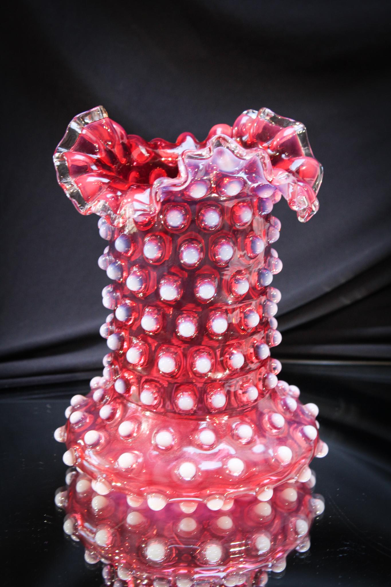 Cranberry Opalescent Victorian Hobnail Vase (1 of 4)