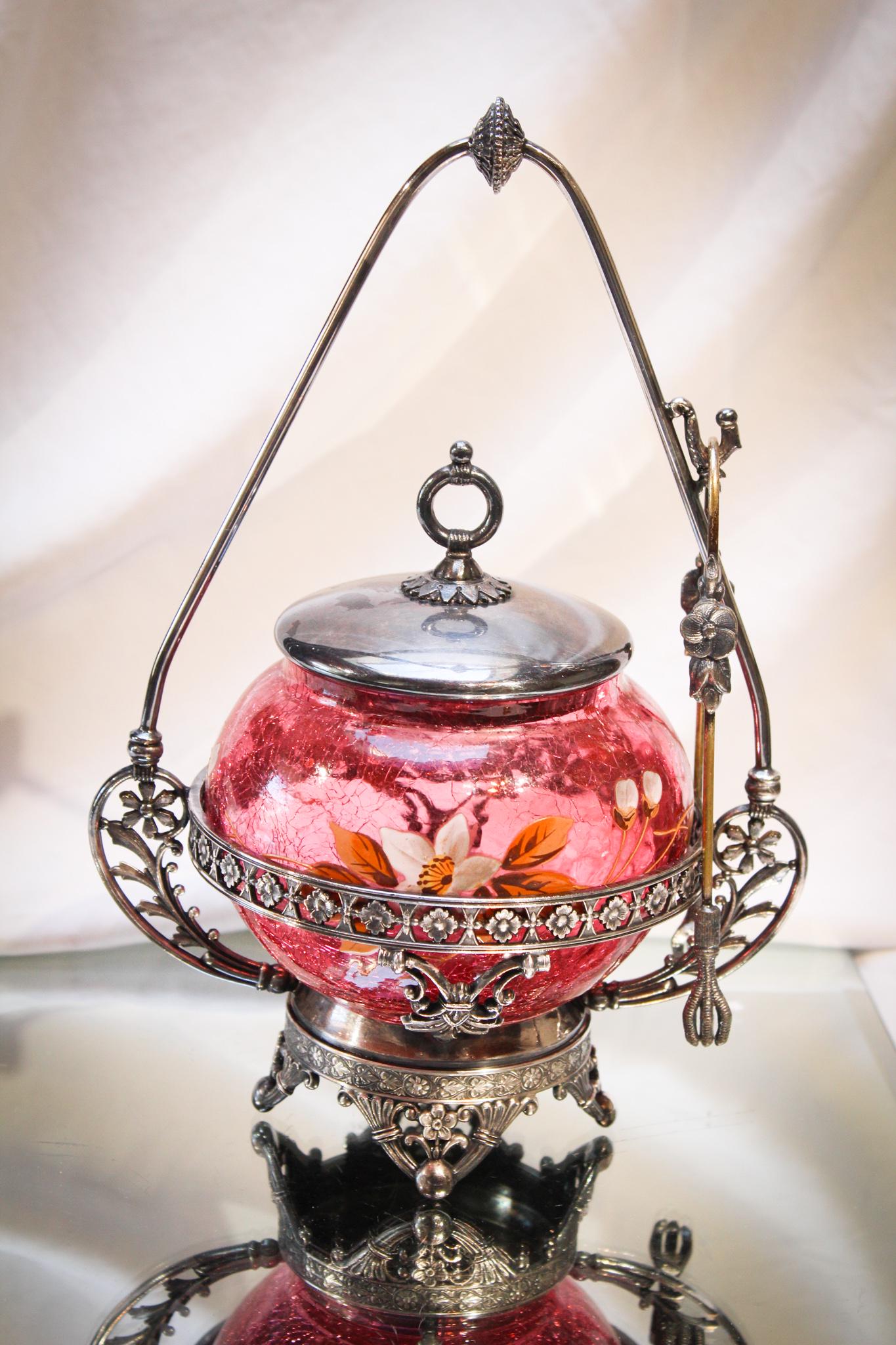 Tufts Cranberry Craquelle Victorian Pickle Castor: What a castor this one is folks! Look at the beautiful rich cranberry glass in a seldom found for castor jars craquelle treatment. This one has the additional of rich enameled flowers and a stunning T