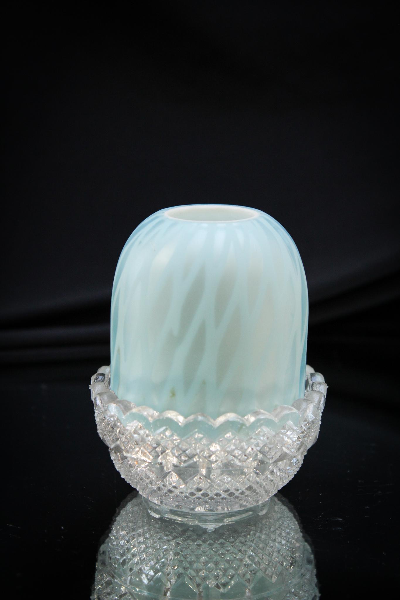 Blue DQ Mother of Pearl Victorian Fairy Lamp: Pale blue Victorian diamond quilt pattern mother of pearl satin glass fairy lamp on original Clarke signed base. What a gem this is. Measures 3 1/2" tall.