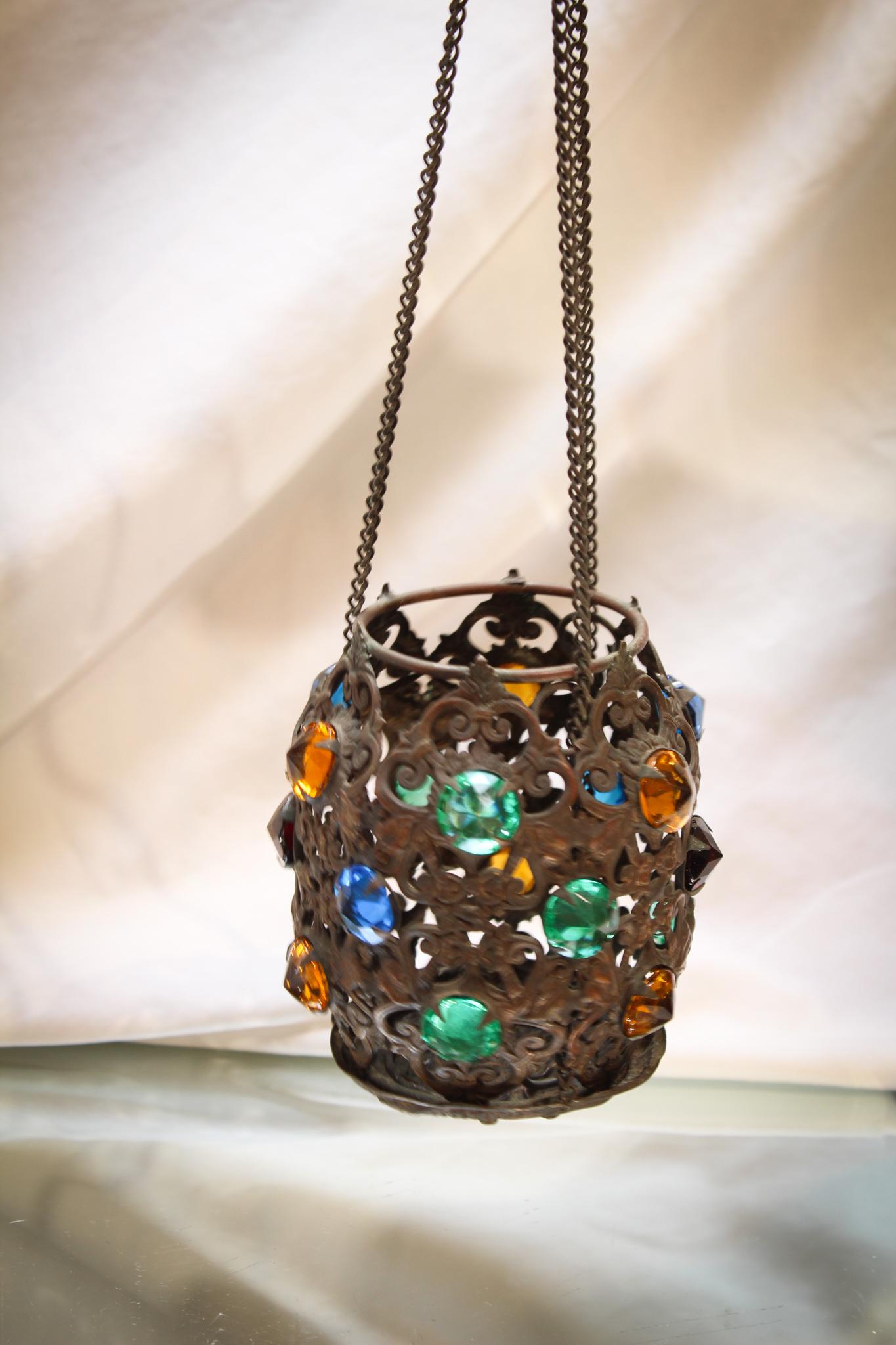 Miniature Jeweled Brass Hanging Candle Lamp (1 of 6)