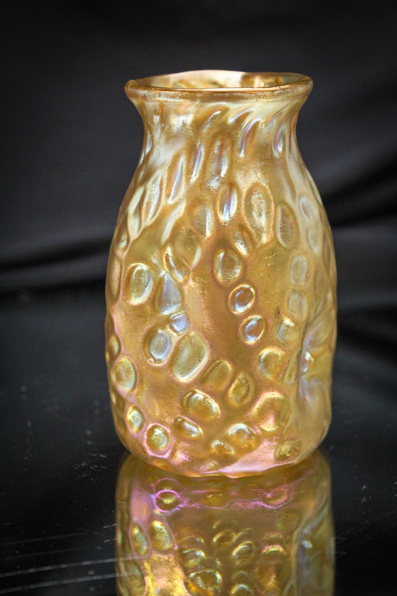 Loetz Art Glass Diaspora Gold Cabinet Vase: Brilliant gold compliments the pattern on this Loetz Diasporo pattern cabinet vase. We love this one and sure you will to. Measures 3 1/2" tall.