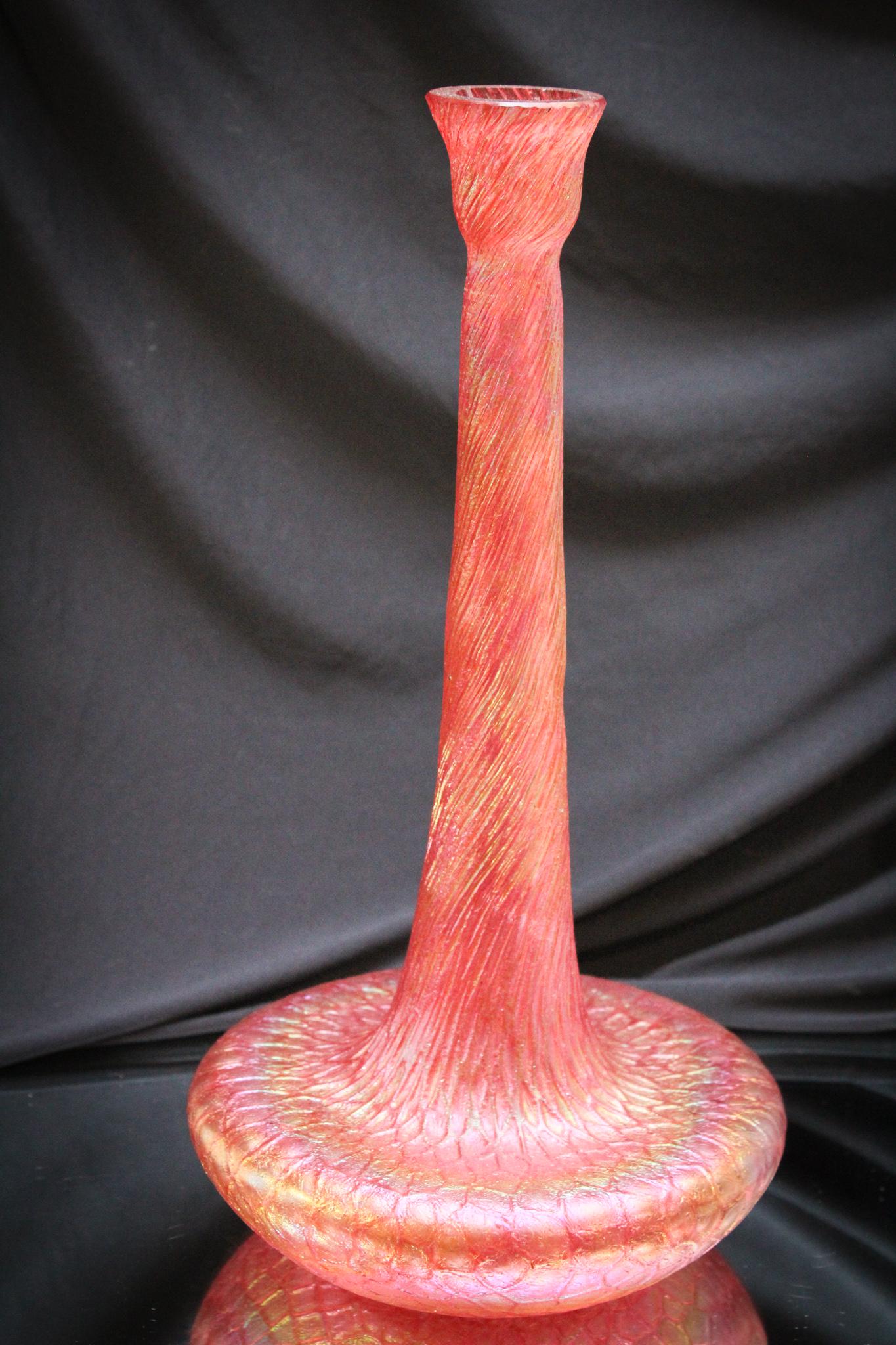 Austrian Irridescent Art Glass Vase: This is a lovely vase with incredible irridescent coloring to it. Large size measuring a whopping 18" tall. Spurious Loetz signature.