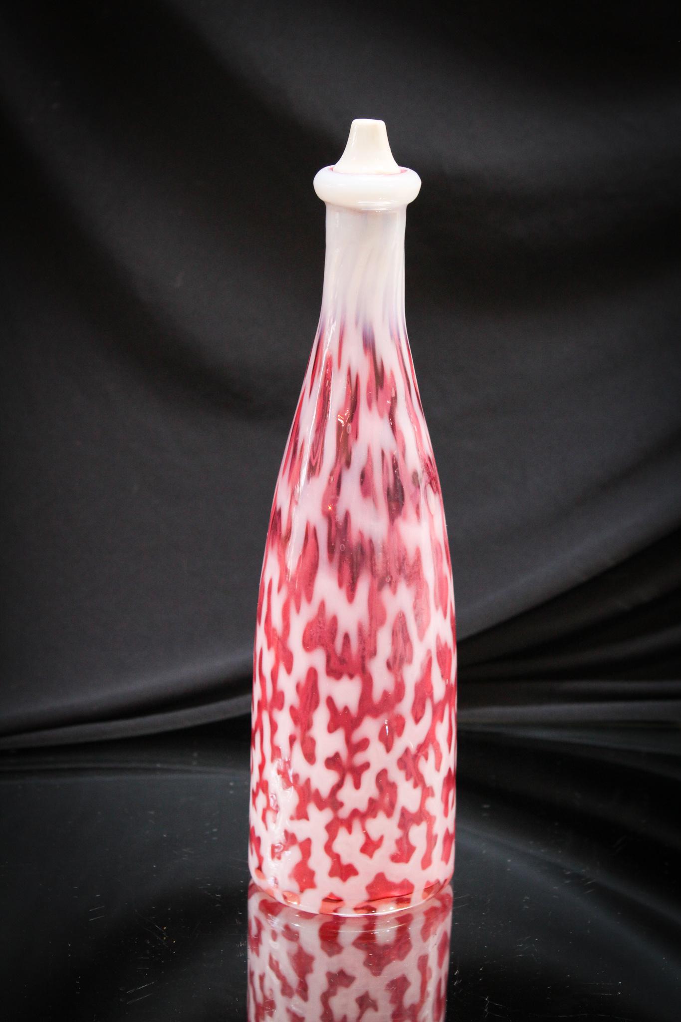 Cranberry Opalescent Hobb's Coral Barber Bottle: Killer Hobb's cranberry opalescent barber bottle in the ever popular coral pattern. Bottles in this form are very desirable and prized among collectors. Rich cranberry coloring and bright white opales