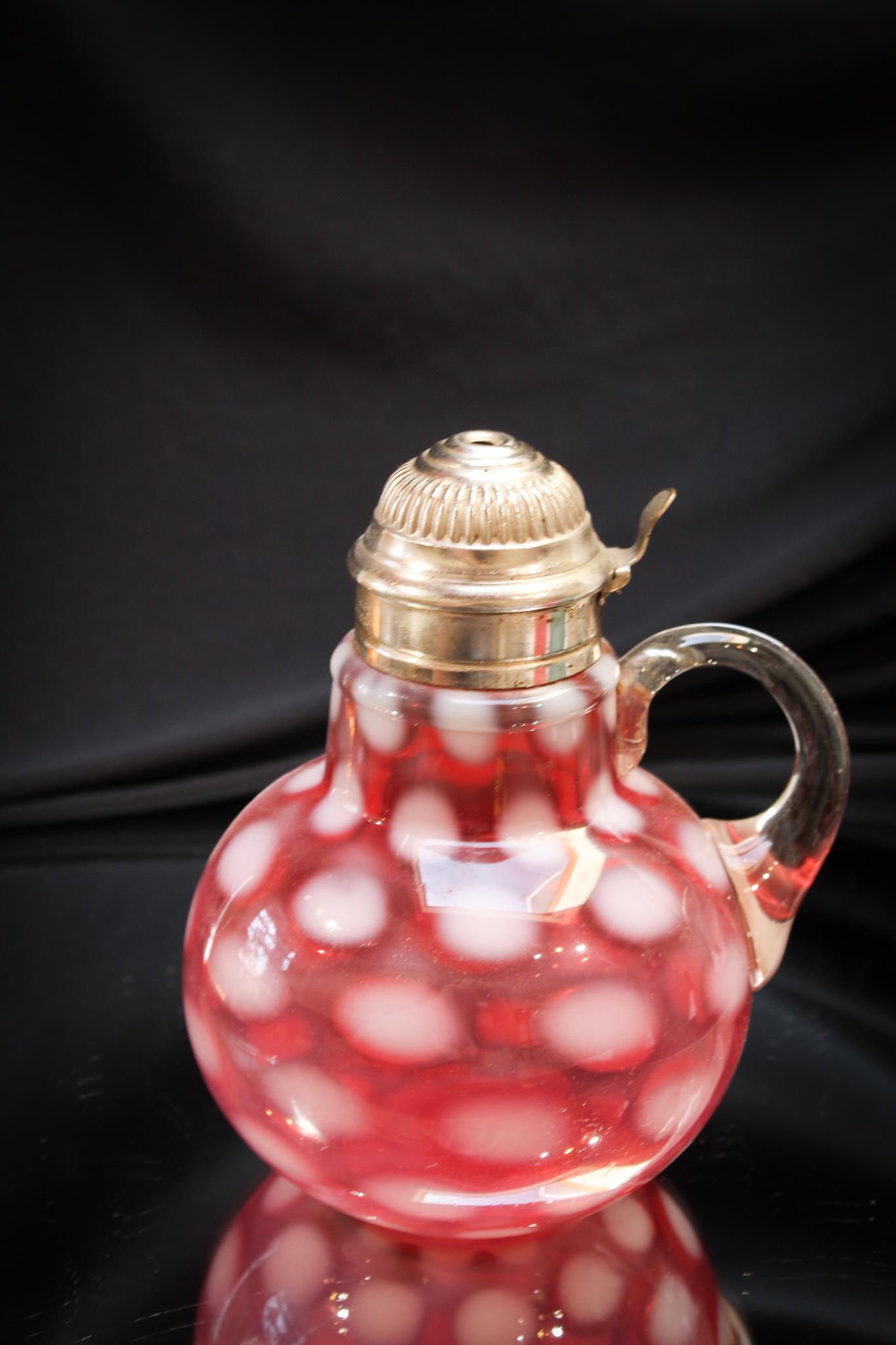Scarce Northwood Cranberry Opalescent Victorian Syrup: Where, oh where, do we come up with, auction after auction, killer pieces like these? Our consignors are discriminating collectors that have only collected the best for years. This cranberry opalescen