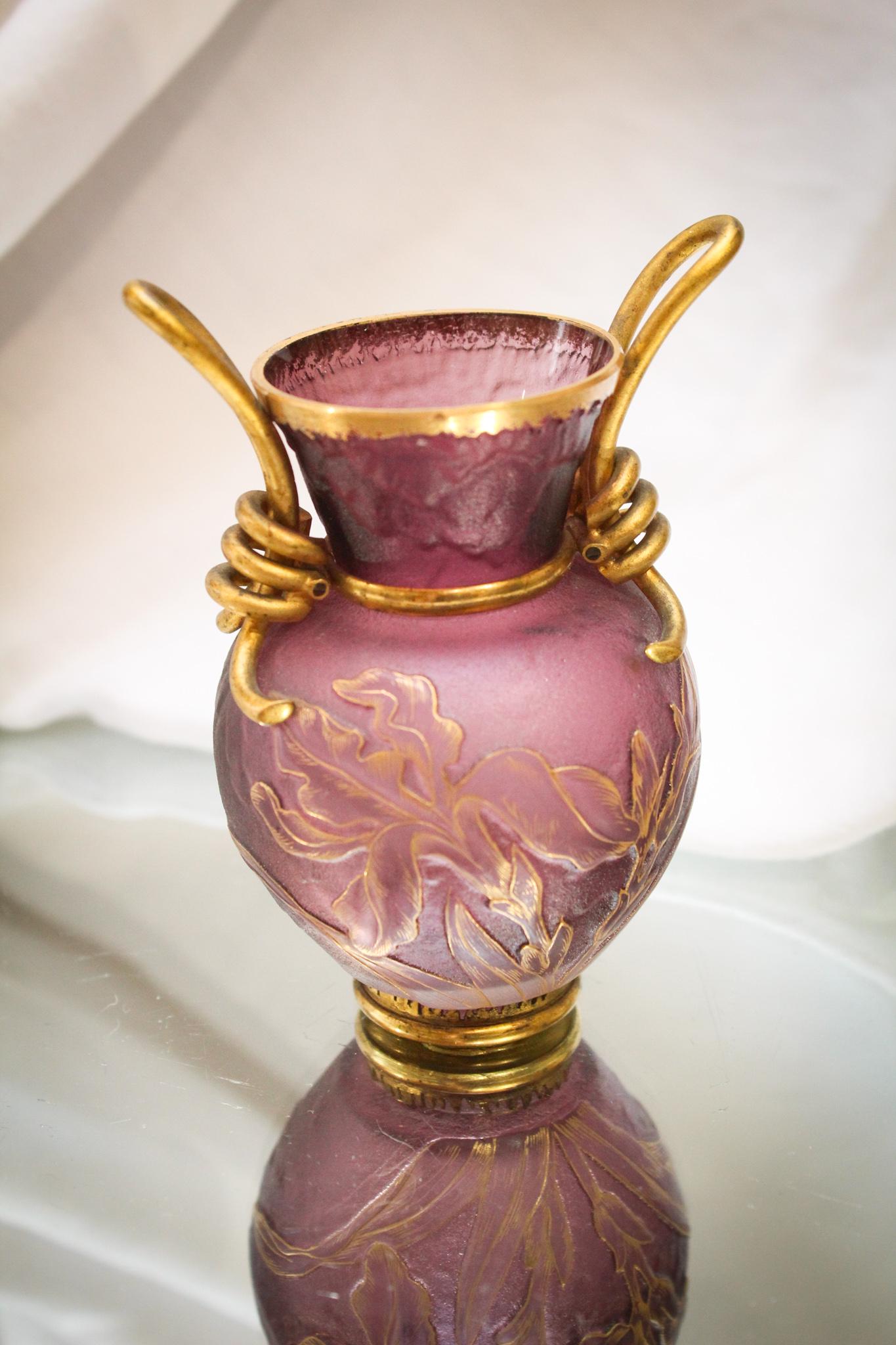 French cameo glass Bronze fittings Vase: Lovely French cameo glass vase with bronze fittings in a diminutive size of only 4" tall.