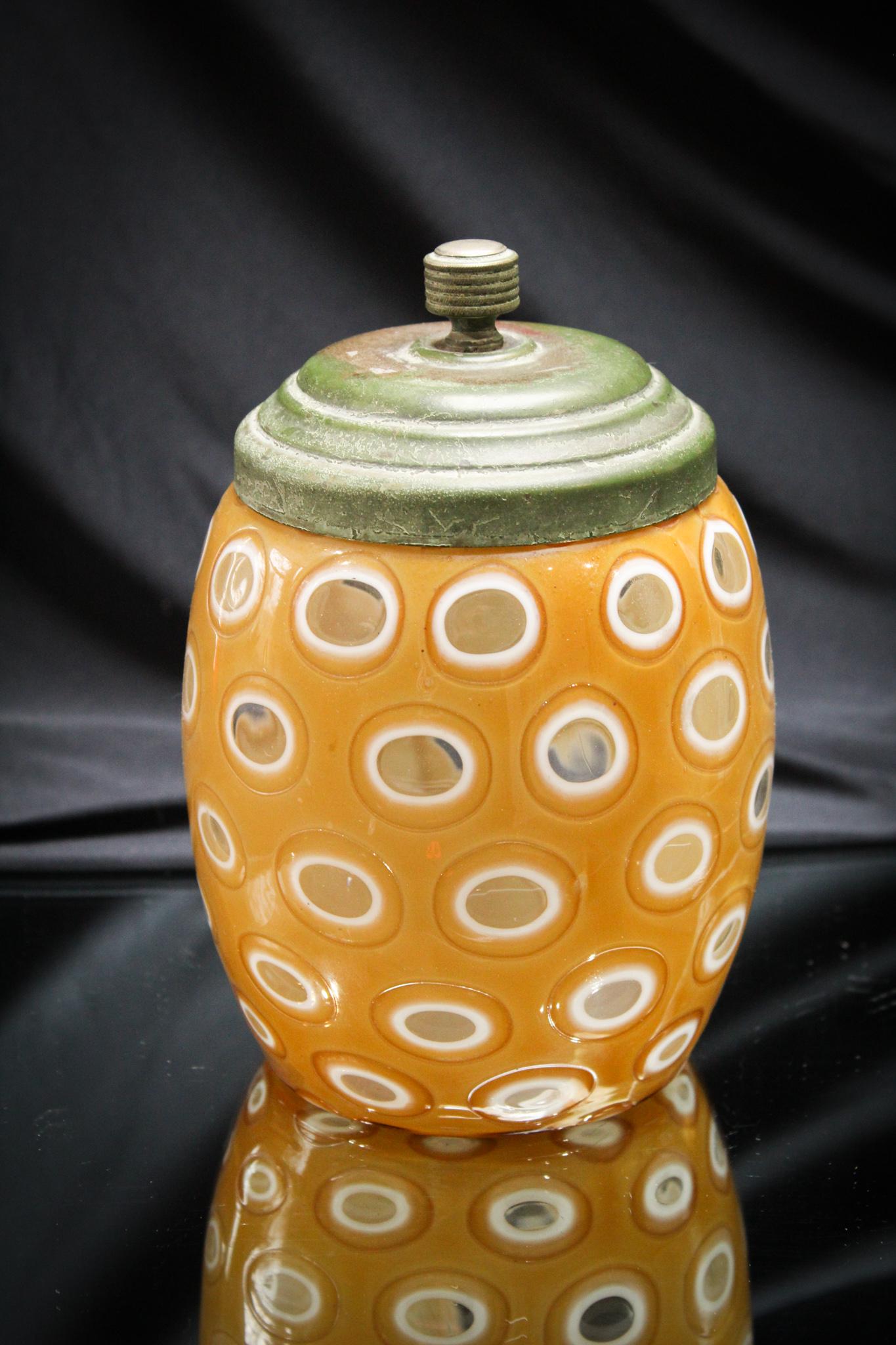 Harrach att. Cut Windows Victorian Art Glass Humidor: Examples of this glass attributed to Harrach are seldom found and especially in a form as this Humidor. Great butterscotch coloring with white trim around the windows. Mountings make this extra specia