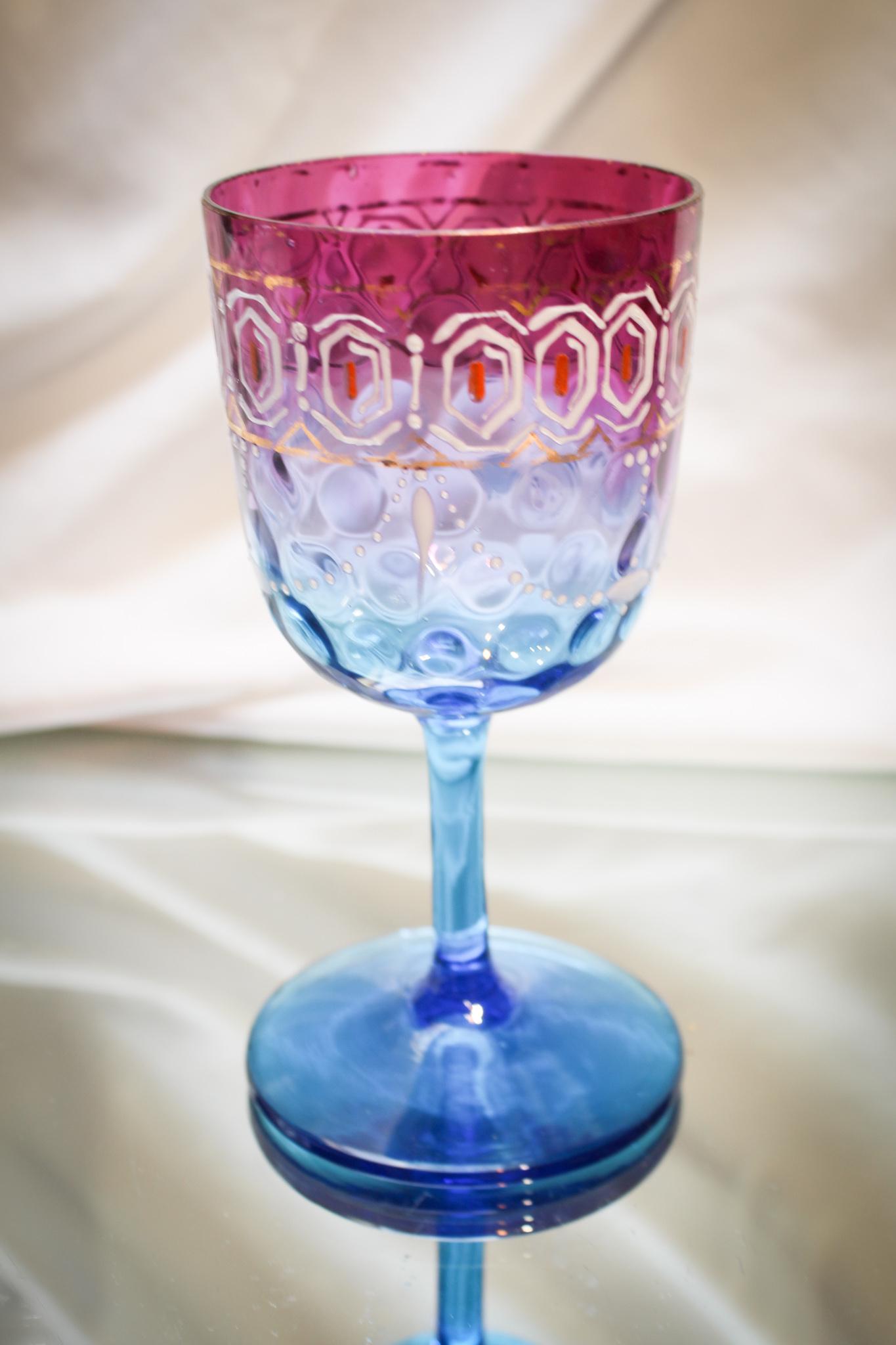 Rare Bluerina Enameled Victorian Glass Wine: Go find one of these puppies. We dare ya! Bet you'll come up empty handed for quite a while. Phenomenal piece of enameled bluerina glass in the form of a wine stem. Look at the color. Look at the enam