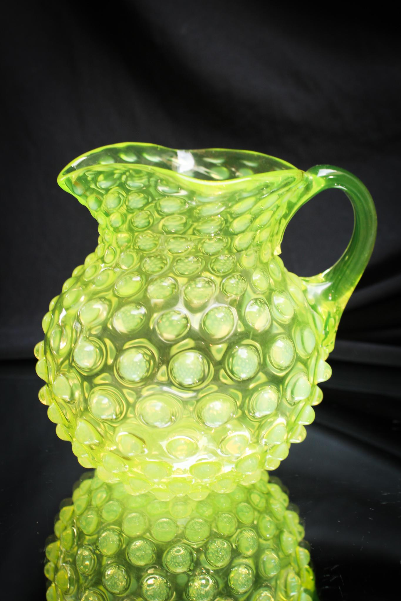 Hobb's Hobnail Vaseline Opalescent Creamer: And yet another piece of Hobb's Vaseline opalescent hobnail pattern. This piece is a table size creamer. Great color and opalescence! Measures 4 3/4" tall.