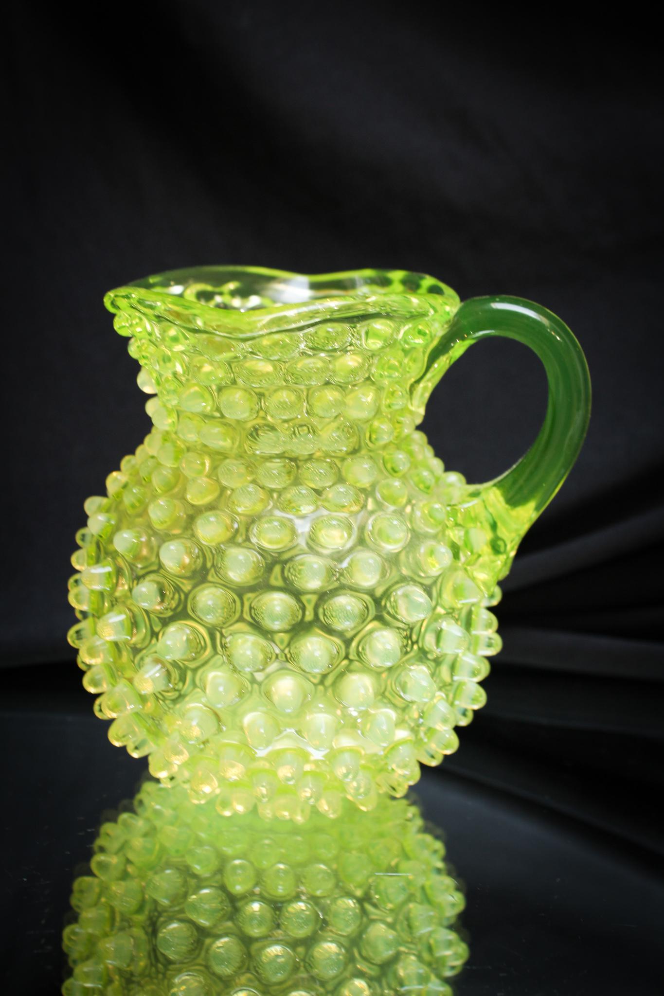Hobb's Hobnail Vaseline Opalescent Toy Creamer: One more to complete the set! A Hobb's vaseline opalescent hobnail child's size or toy size creamer/pitcher. Super charming little piece! Measures 4 1/4" tall.
