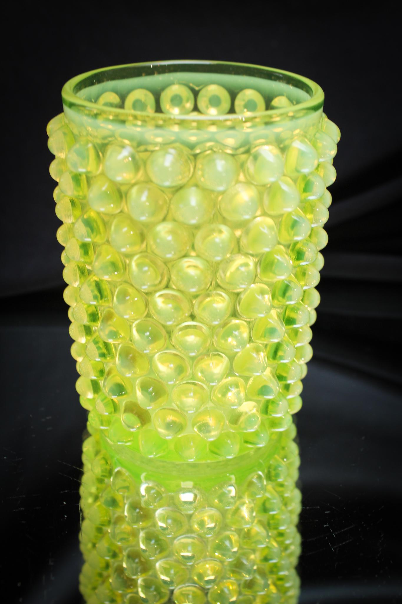 Hobb's Hobnail Vaseline Opalescent Victorian Tumbler: Great piece of Hobb's vaseline opalescent hobnail pattern. Bright clean example with the best coloring. Measures 4" tall.