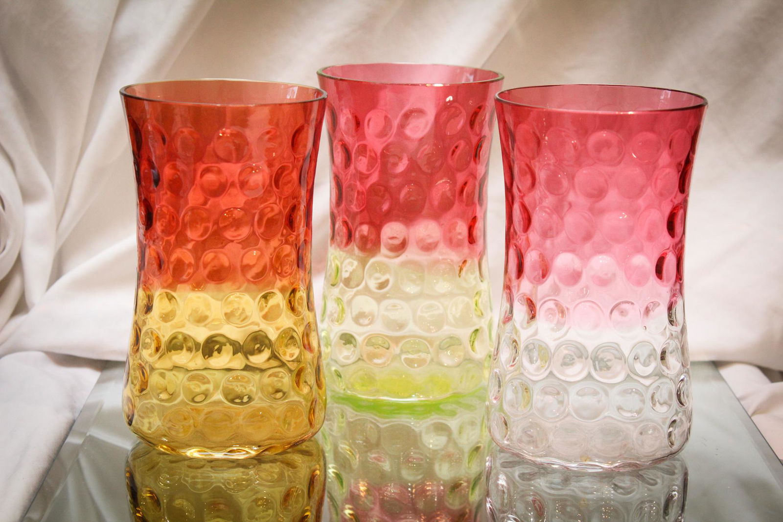 3pc Lot Hobb's Victorian Amberina Cranberry Vaseline Vases (1 of 7)