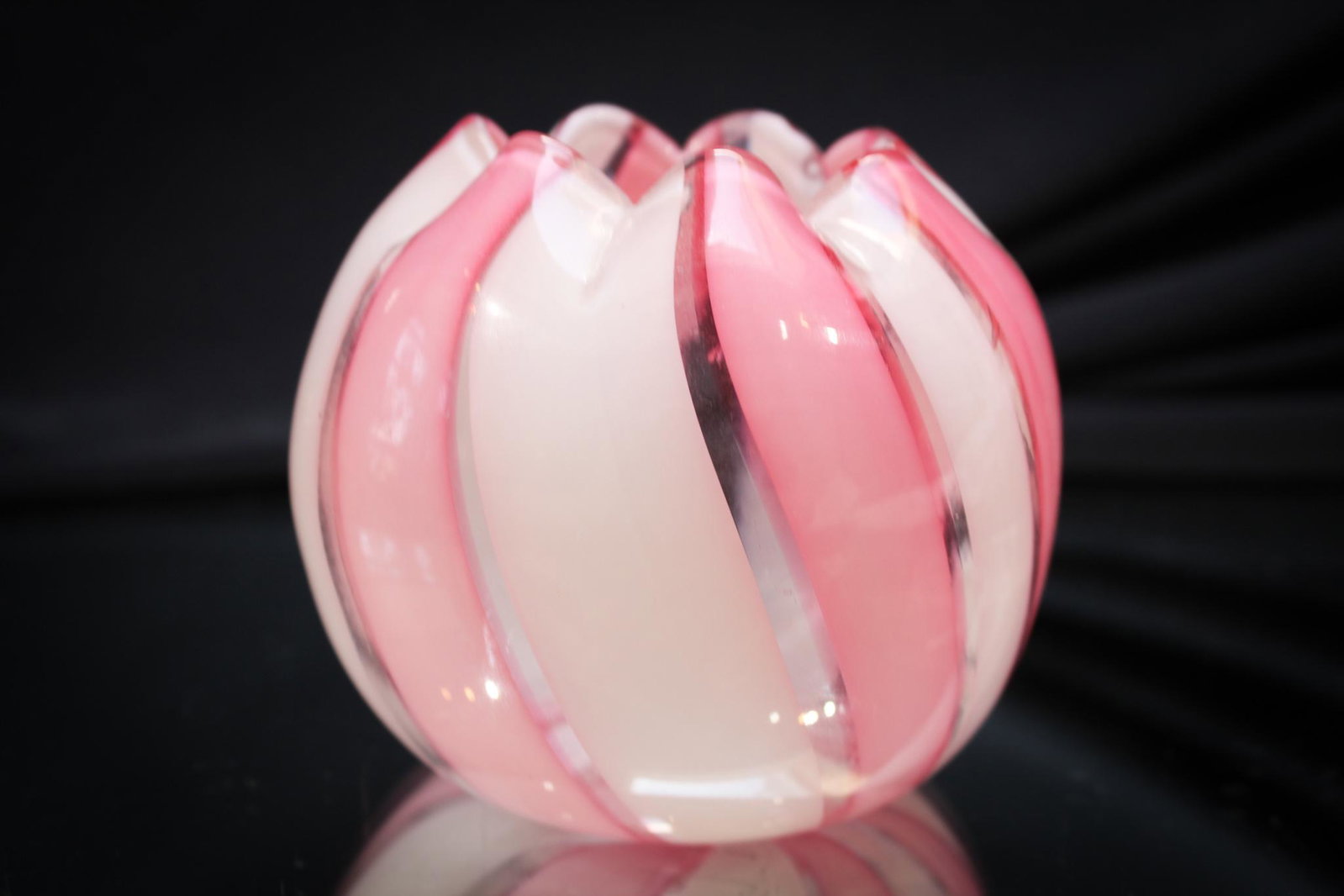 Pink & White Victorian Stripe Rosebowl: Here's a lovely pink and white on clear stripe rose bowl possibly by Stevens and Williams glass. So unique. Measures 3" tall.