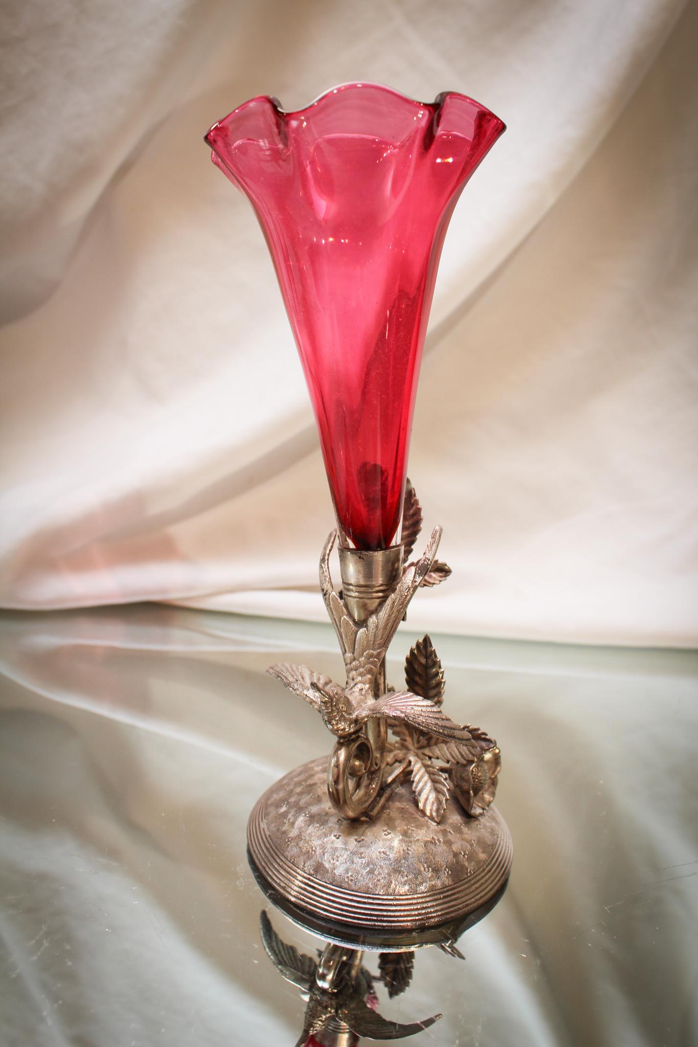 Tufts Figural Bird Silverplate Victorian Cranberry Vase (1 of 4)