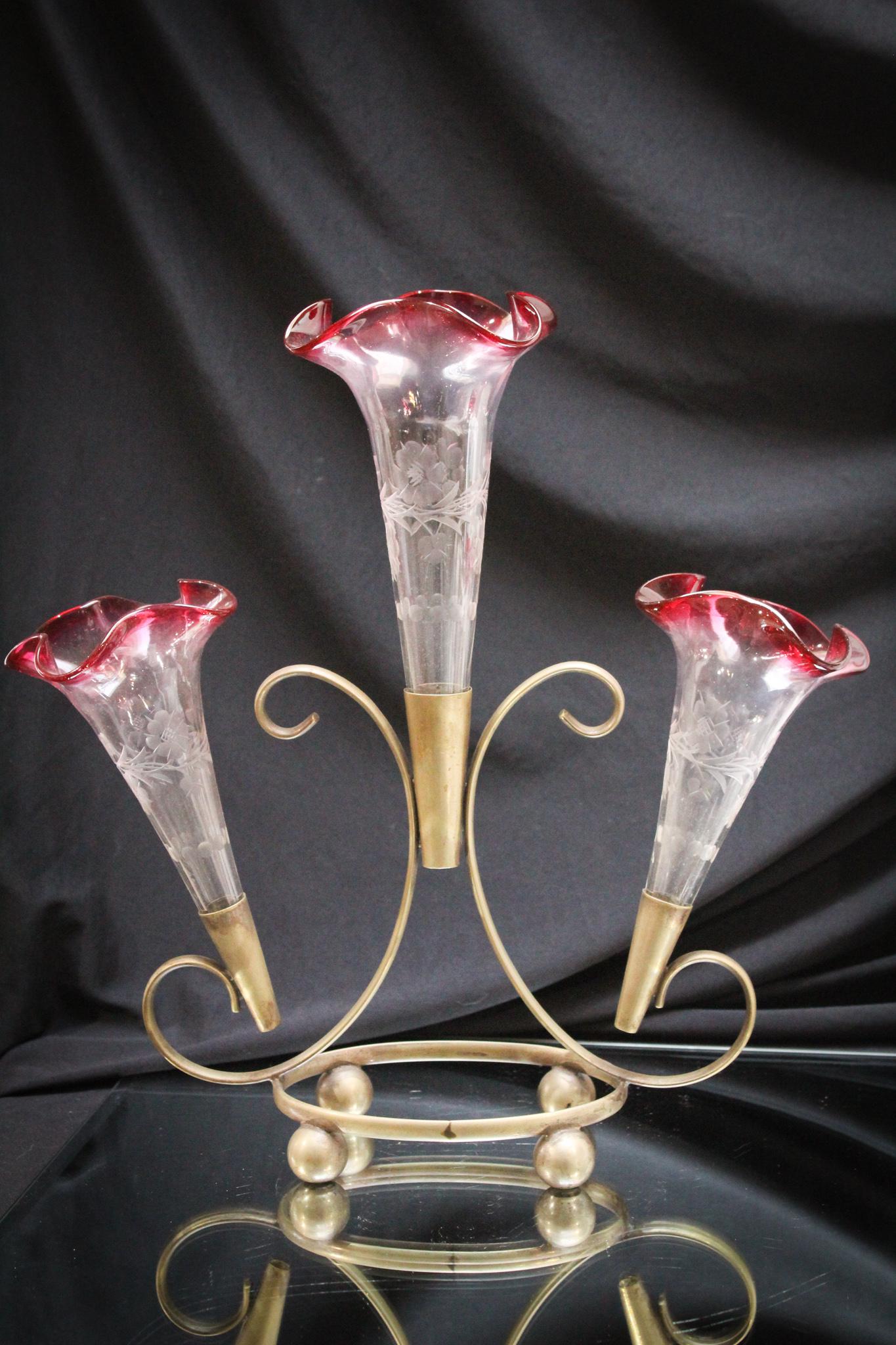 Cranberry Rubina Etched Silverplate Epergne (1 of 4)