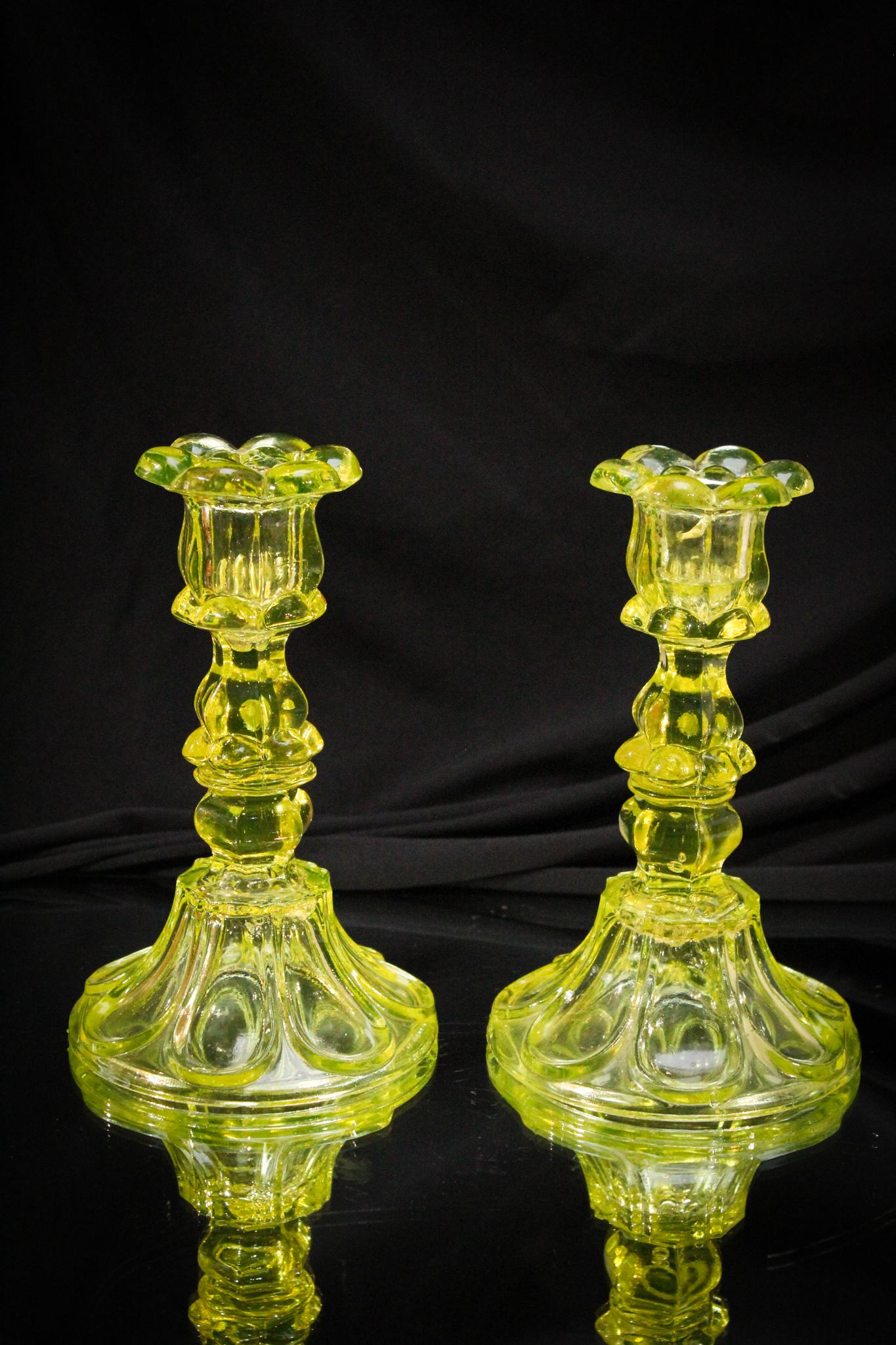 Pair Sandwich Vaseline Victorian Candlesticks (1 of 5)
