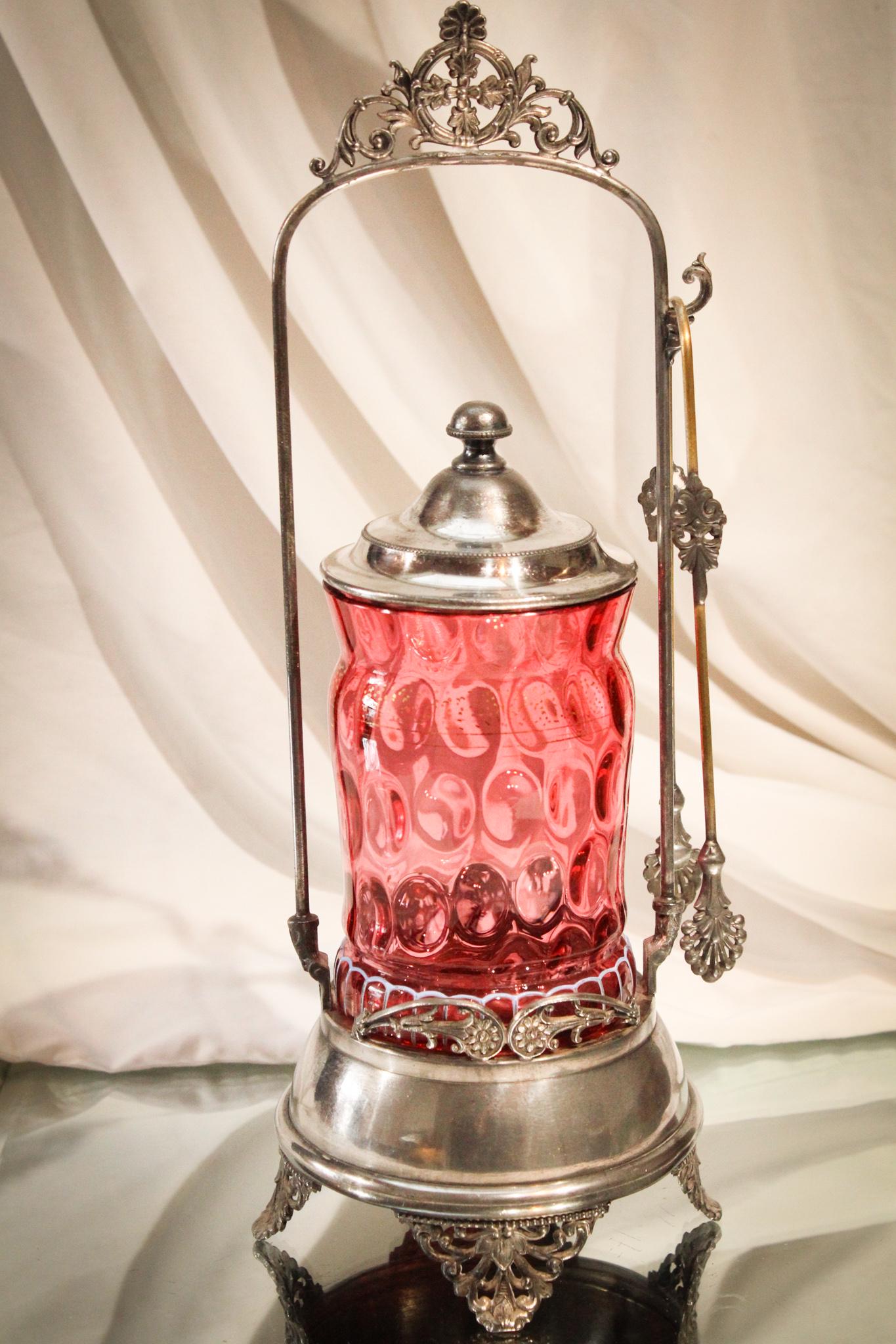 Victorian Cranberry Enameled Rogers Silverplate Pickle Castor (1 of 5)