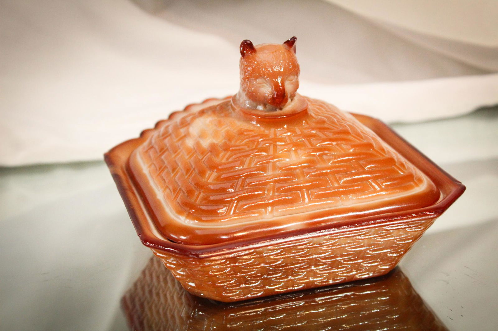 Greentown Chocolate Cat on Hamper Victorian Glass Jar (1 of 5)