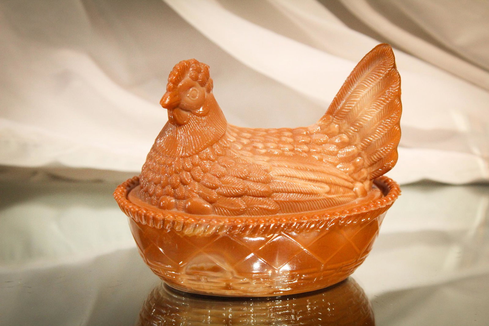 Greentown Glass Chocolate Victorian Hen on a Nest: We've waited for days on end for this old gal to lay an egg. She must be egg bound. LOL. Beautiful Victorian Greentown glass hen on nest. Classic coloring. The best example. Measures 4 1/2" tall.
