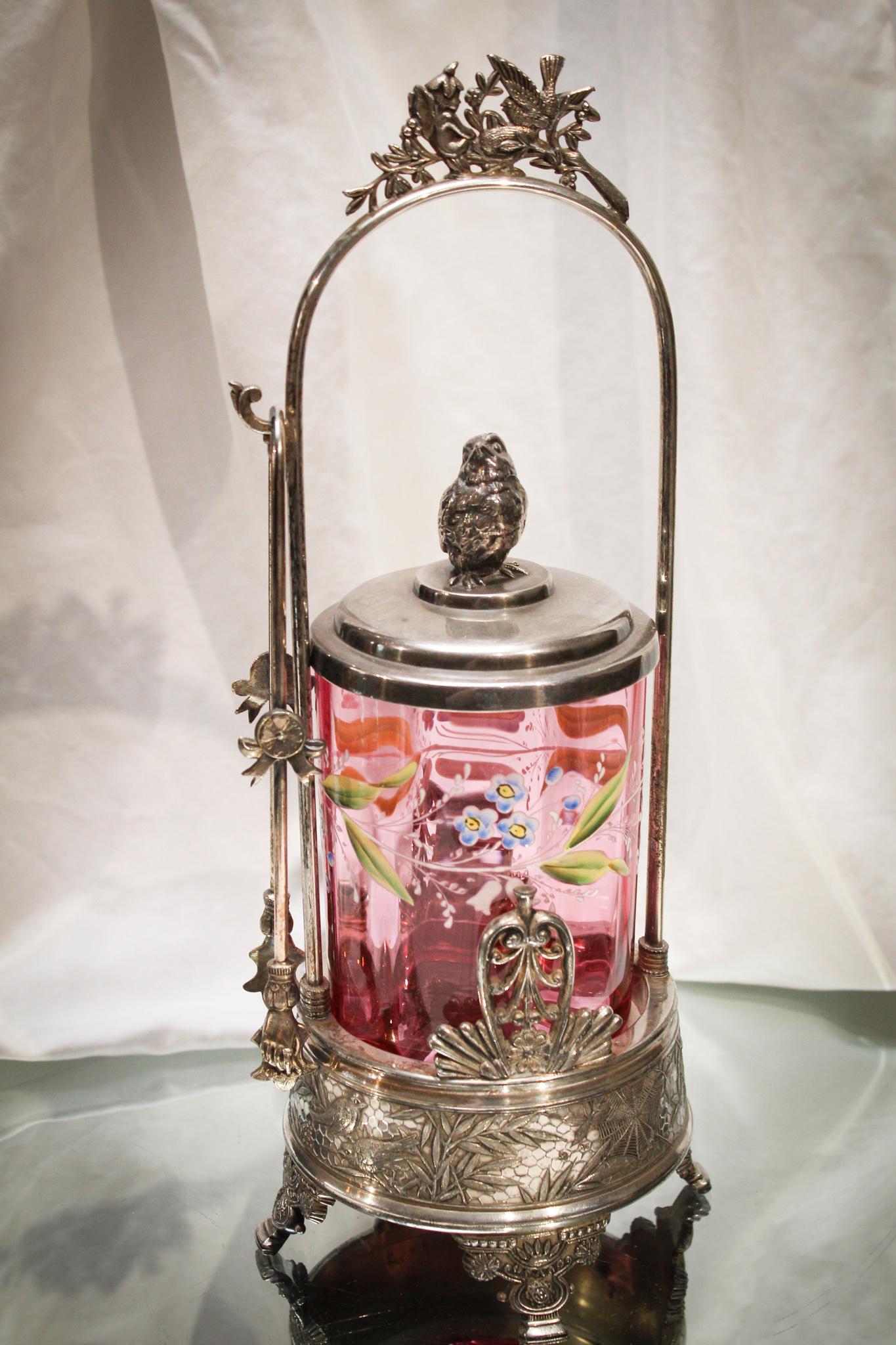 Bird Finial Cranberry Enameled Rogers Silverplate Victorian Pickle Castor (1 of 8)