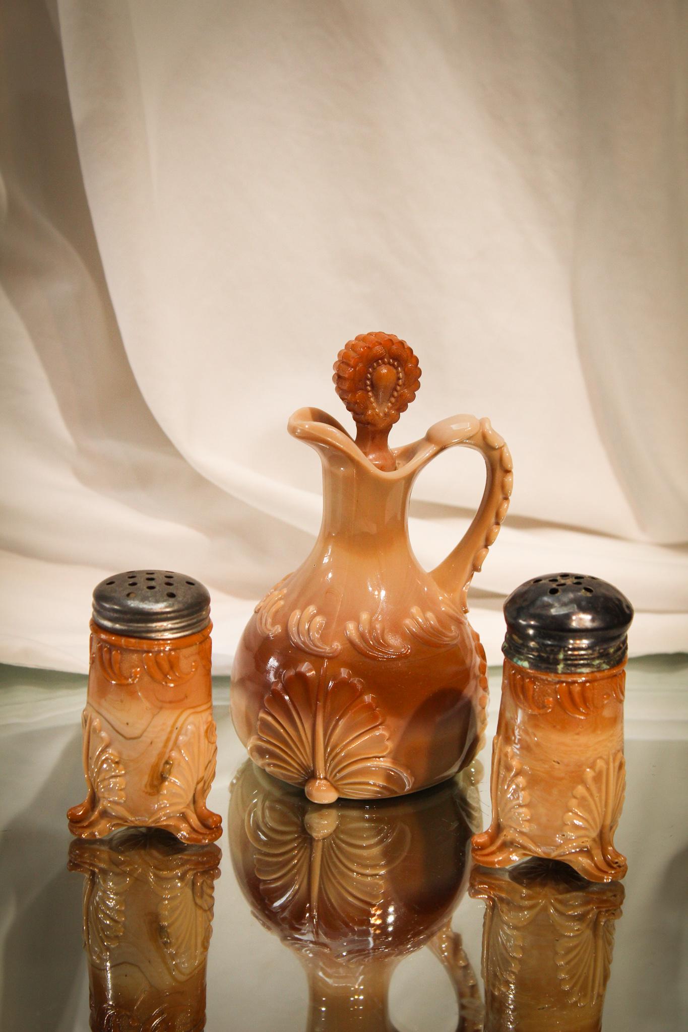 Chocolate Greentown Glass Leaf Bracket Cruet & Shakers (1 of 8)