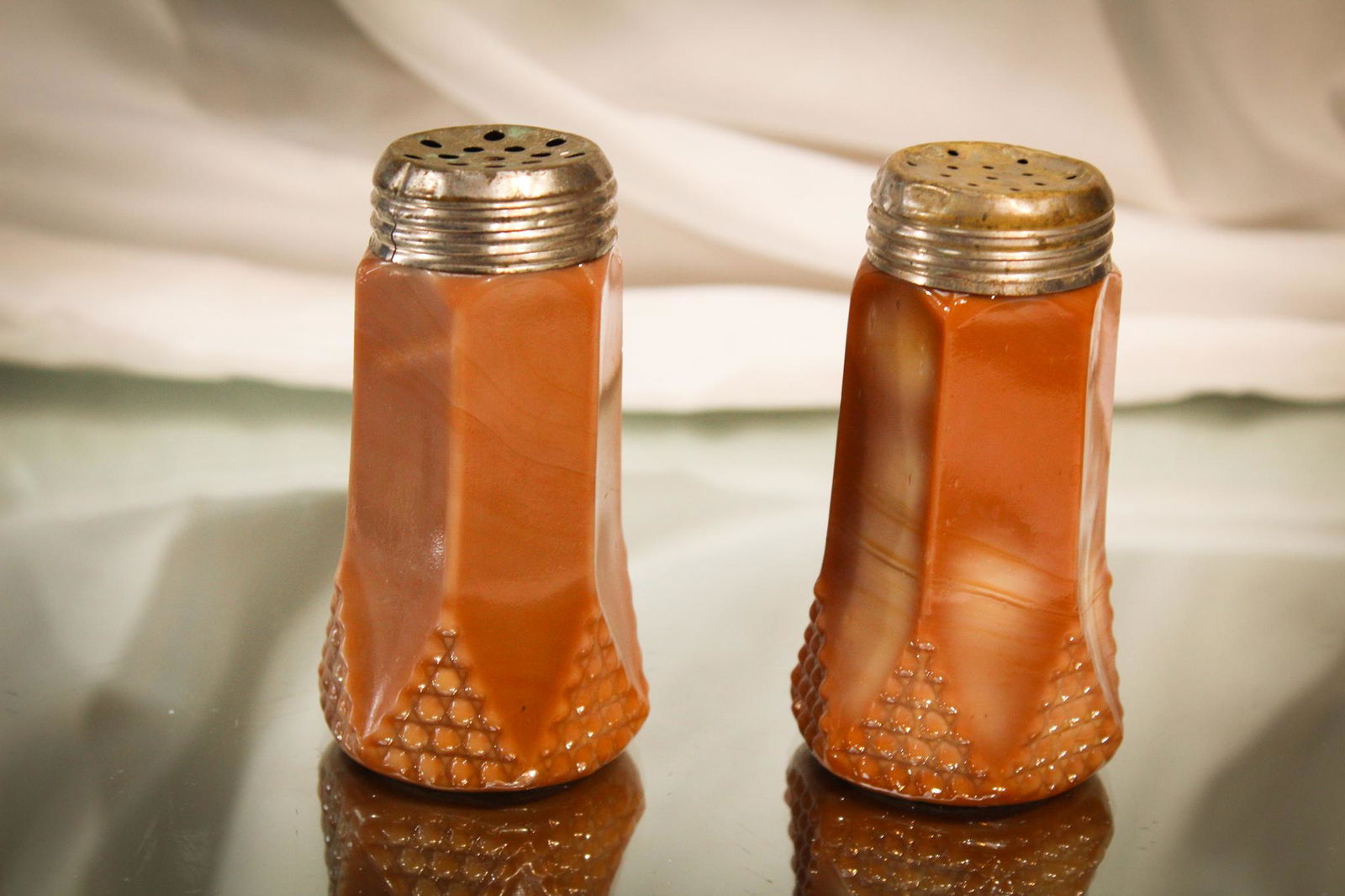 Chocolate Greentown Glass Rare Beaded Triangle Shaker Pr (1 of 4)