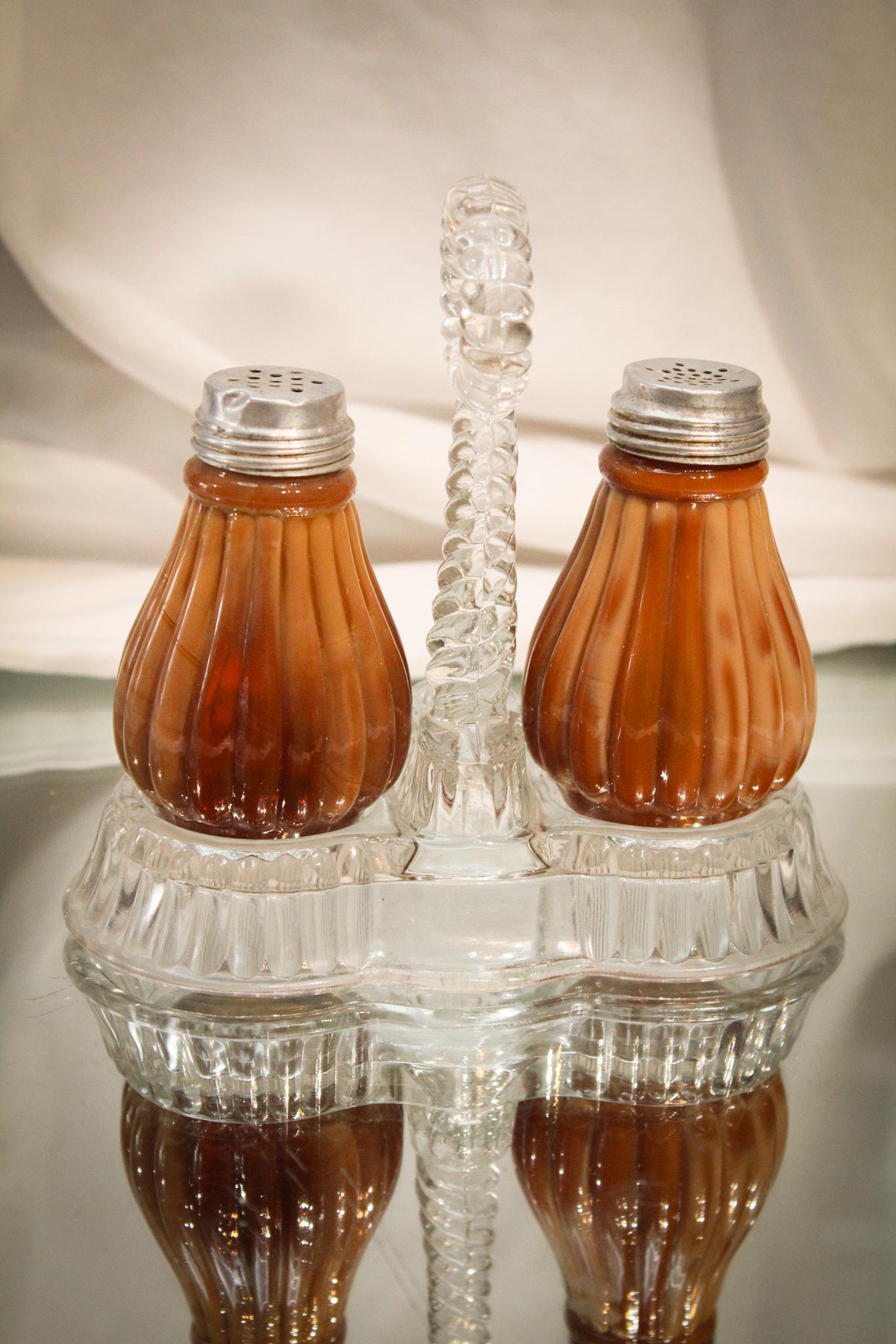 Chocolate Glass Ribbed Victorian Glass Salt Shakers in stand (1 of 4)