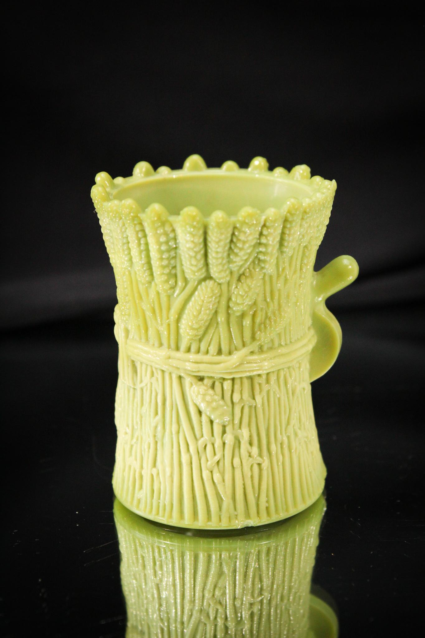 Greentown Glass Nile Green Sheaf of Wheat Toothpick Holder: Another amazing piece of Greentown glass folks. We do offer the best of the best when it comes to the items in our auction. Just the best. This one is perfect in every way and the color is everything